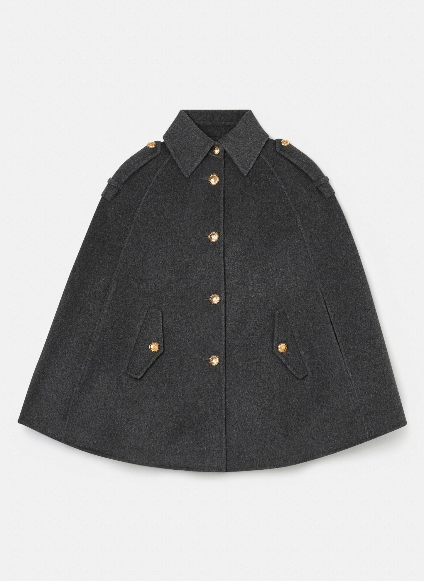 Tara Jarmon grey cape coat with gold buttons.