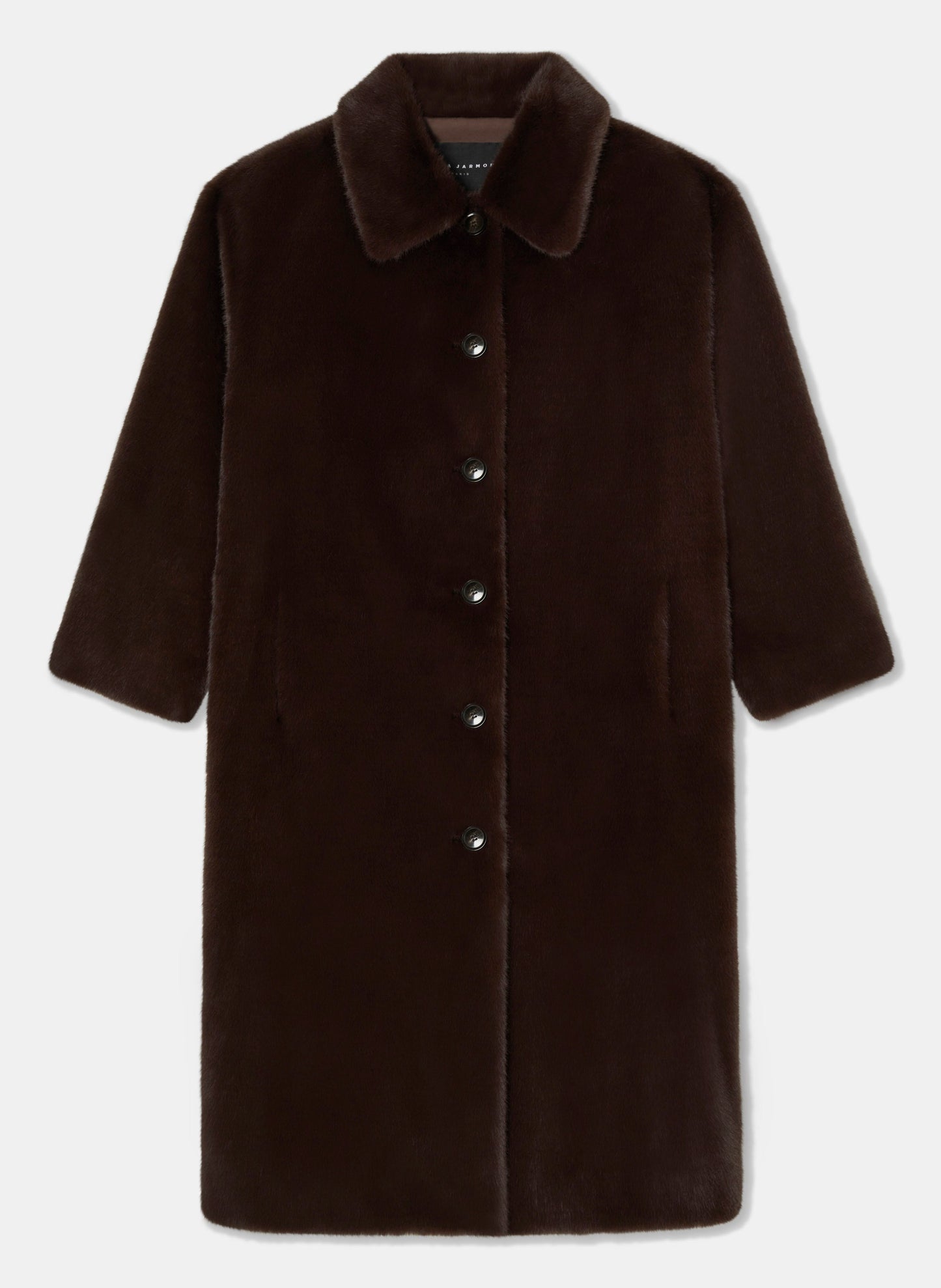 Tara Jarmon chocolate faux fur coat with a straight cut, shirt collar and two large side pockets.