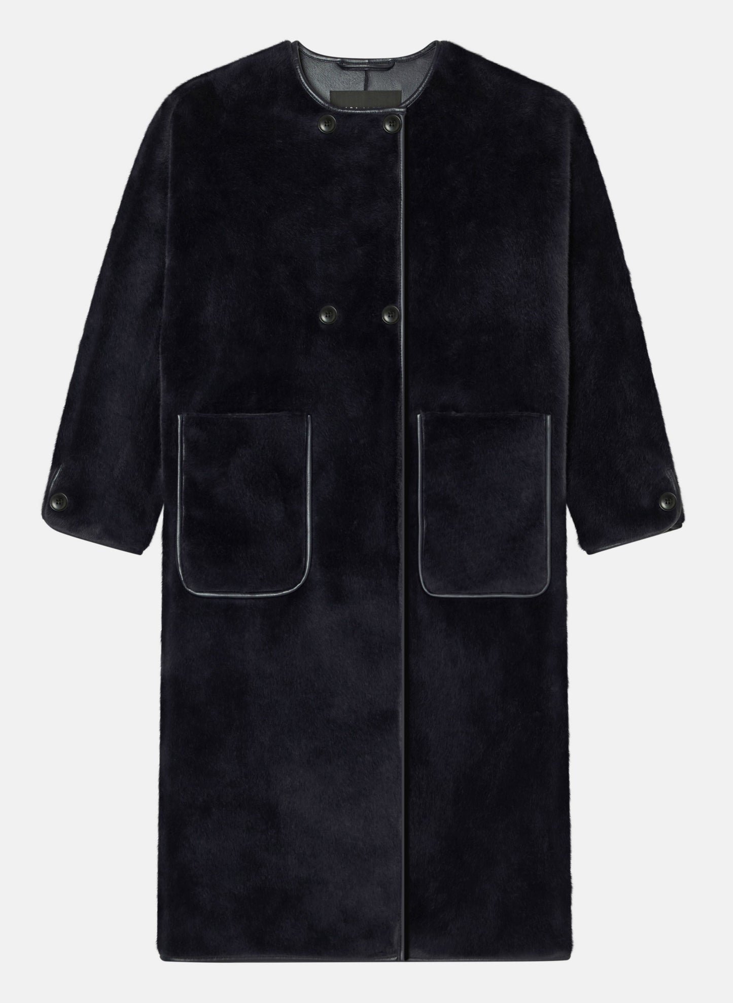 Tara Jarmon faux fur, midnight blue coat with two large flap pockets on the sides.