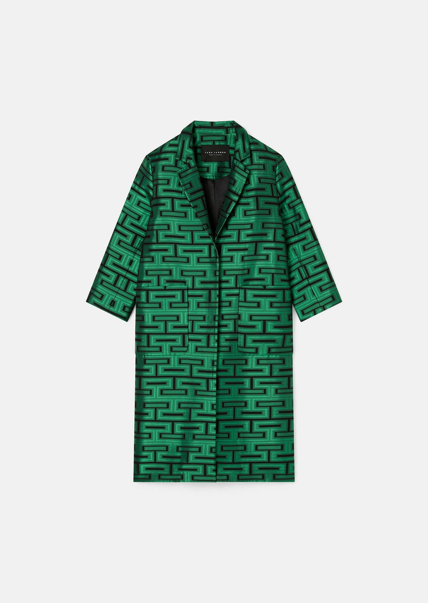 Wide, straight cut green coat with graphic print, lapel collar, 3/4-length sleeves and two large side patch pockets.