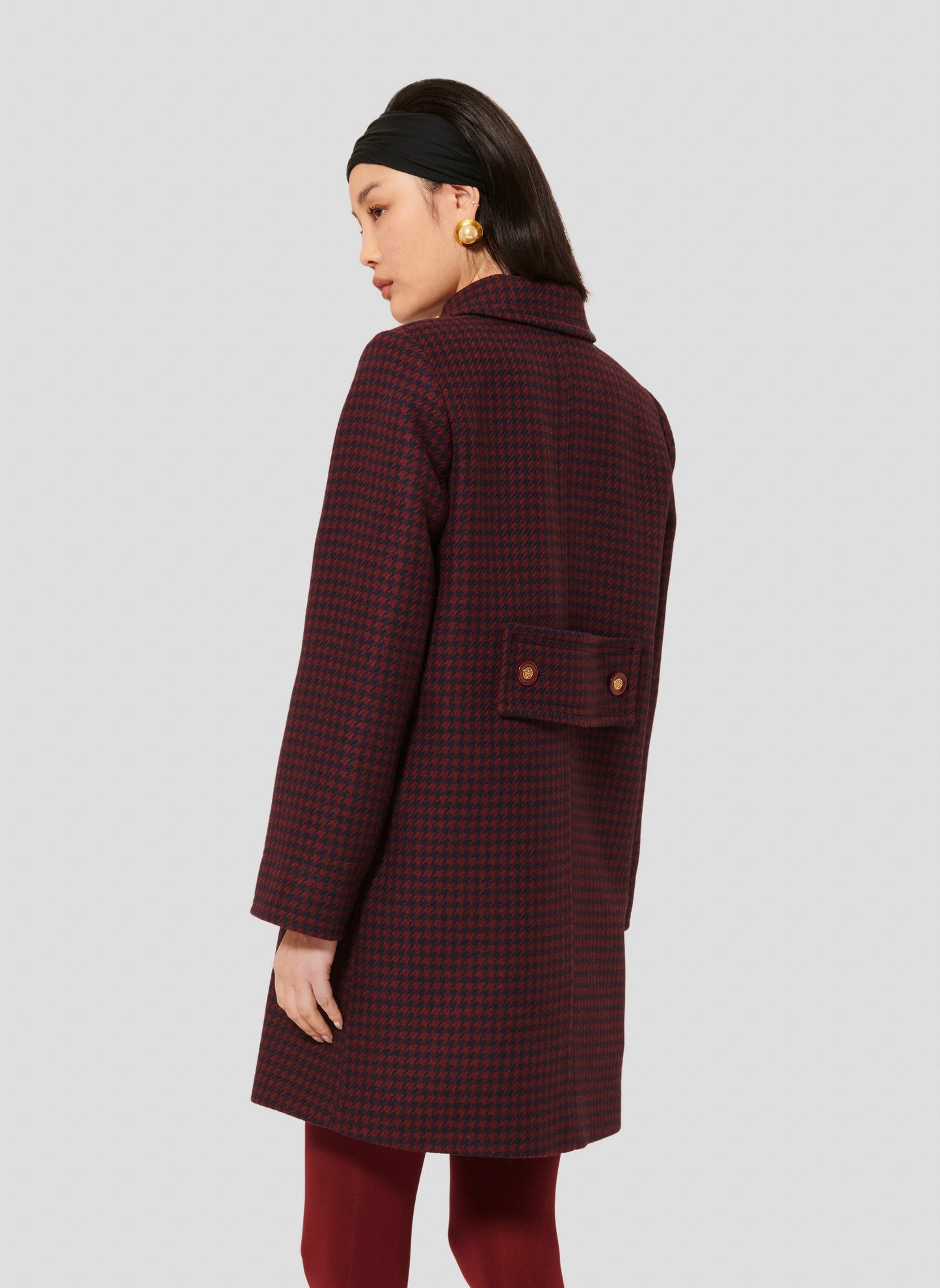 Tara Jarmon mid-length burgundy houndstooth coat.