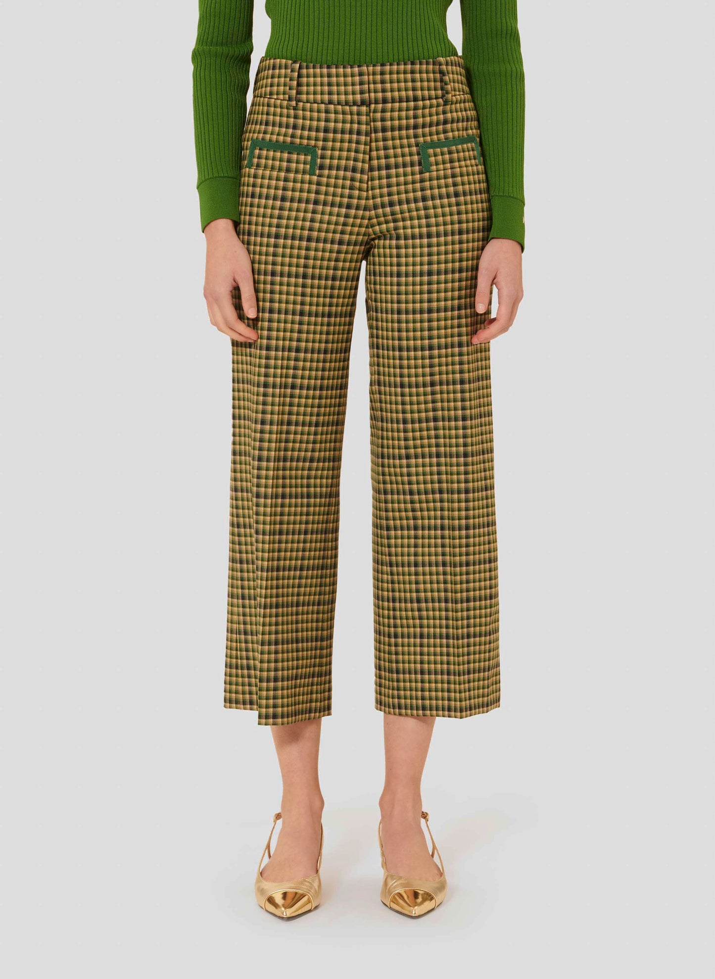 Green Tartan Pants with Wide Leg and Pleated Front.