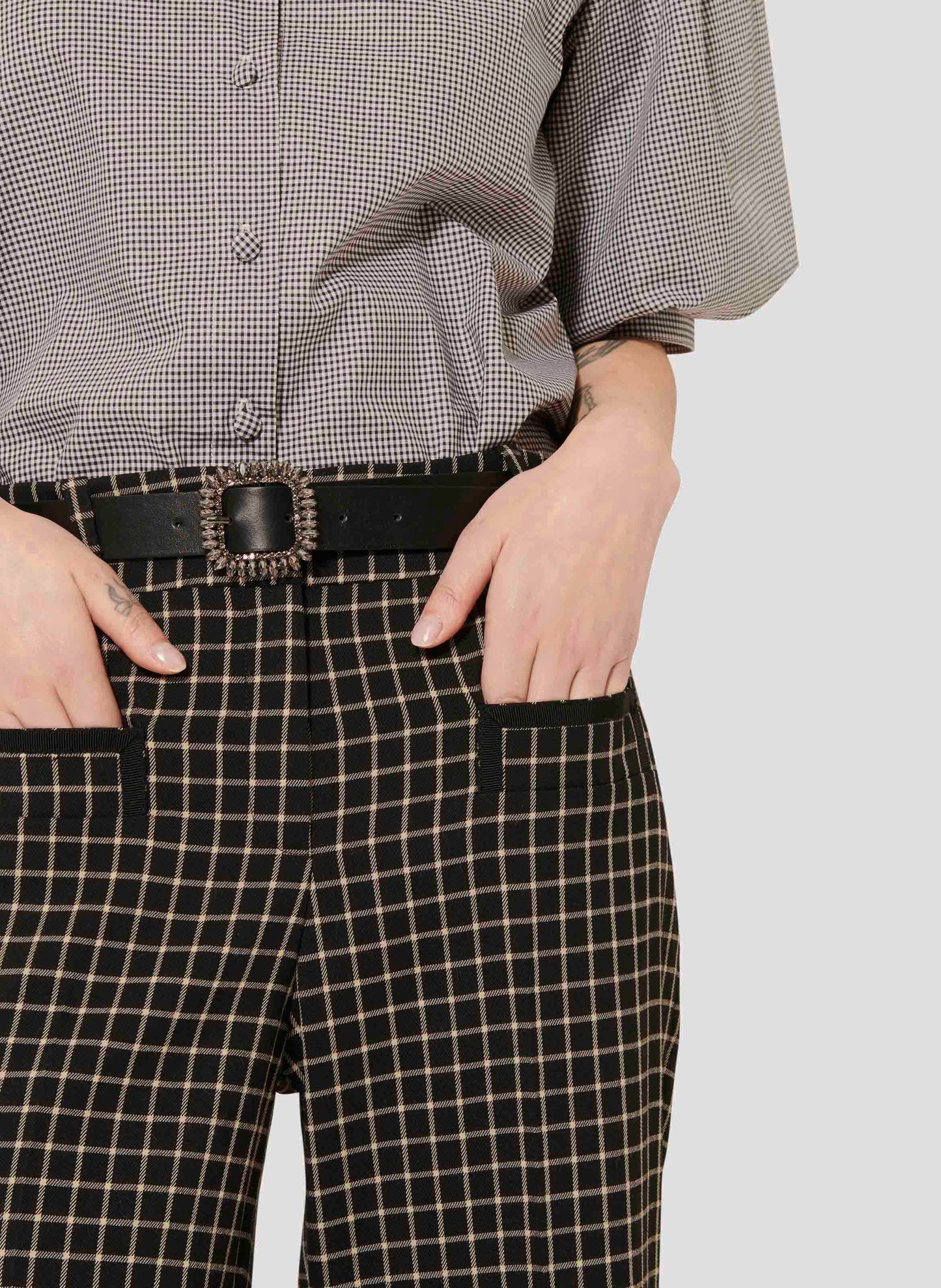 Women's black plaid mid-rise waist pants.