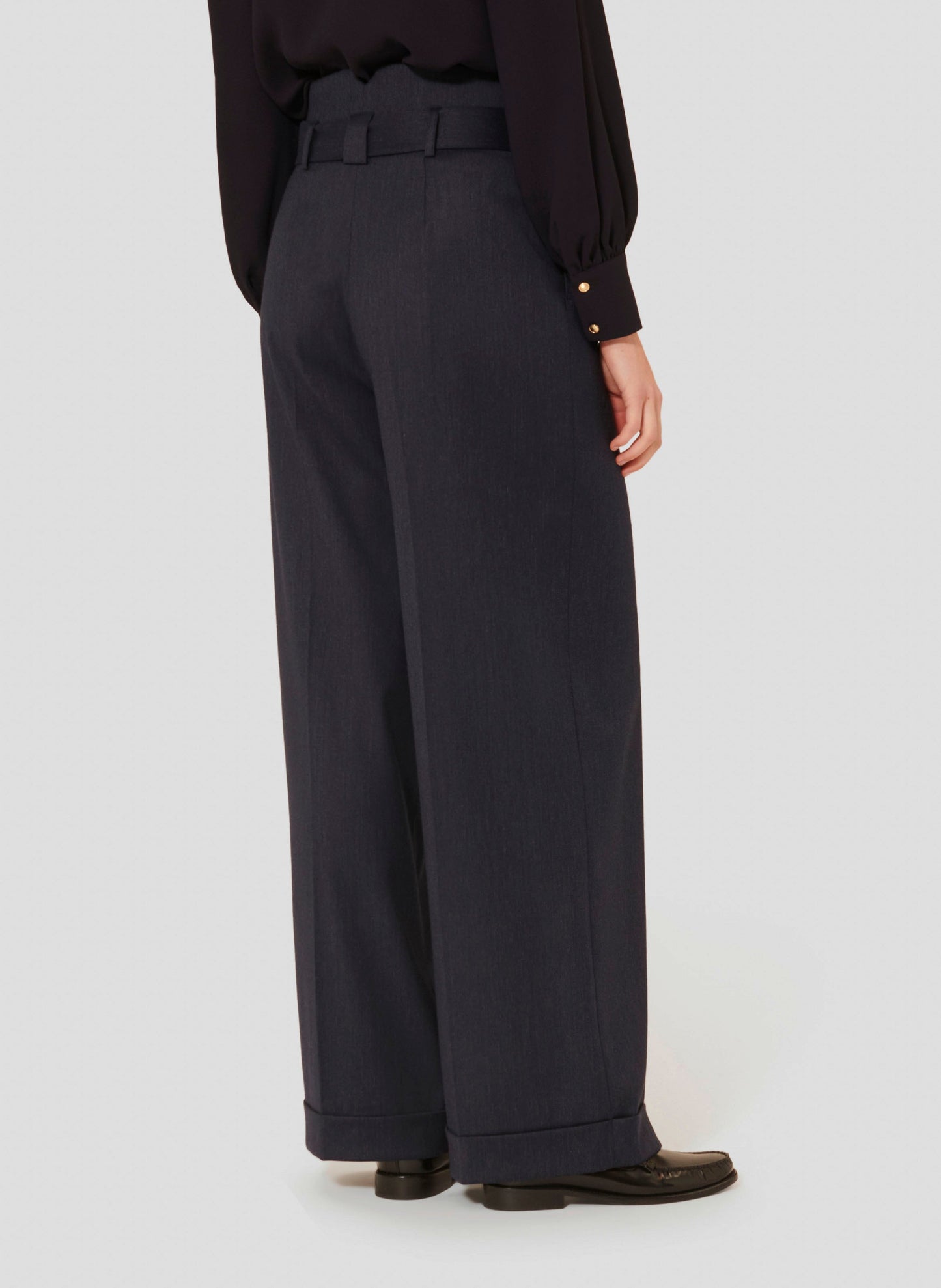 Comfortable Dark Blue Pants with High Waist and Relaxed Fit.