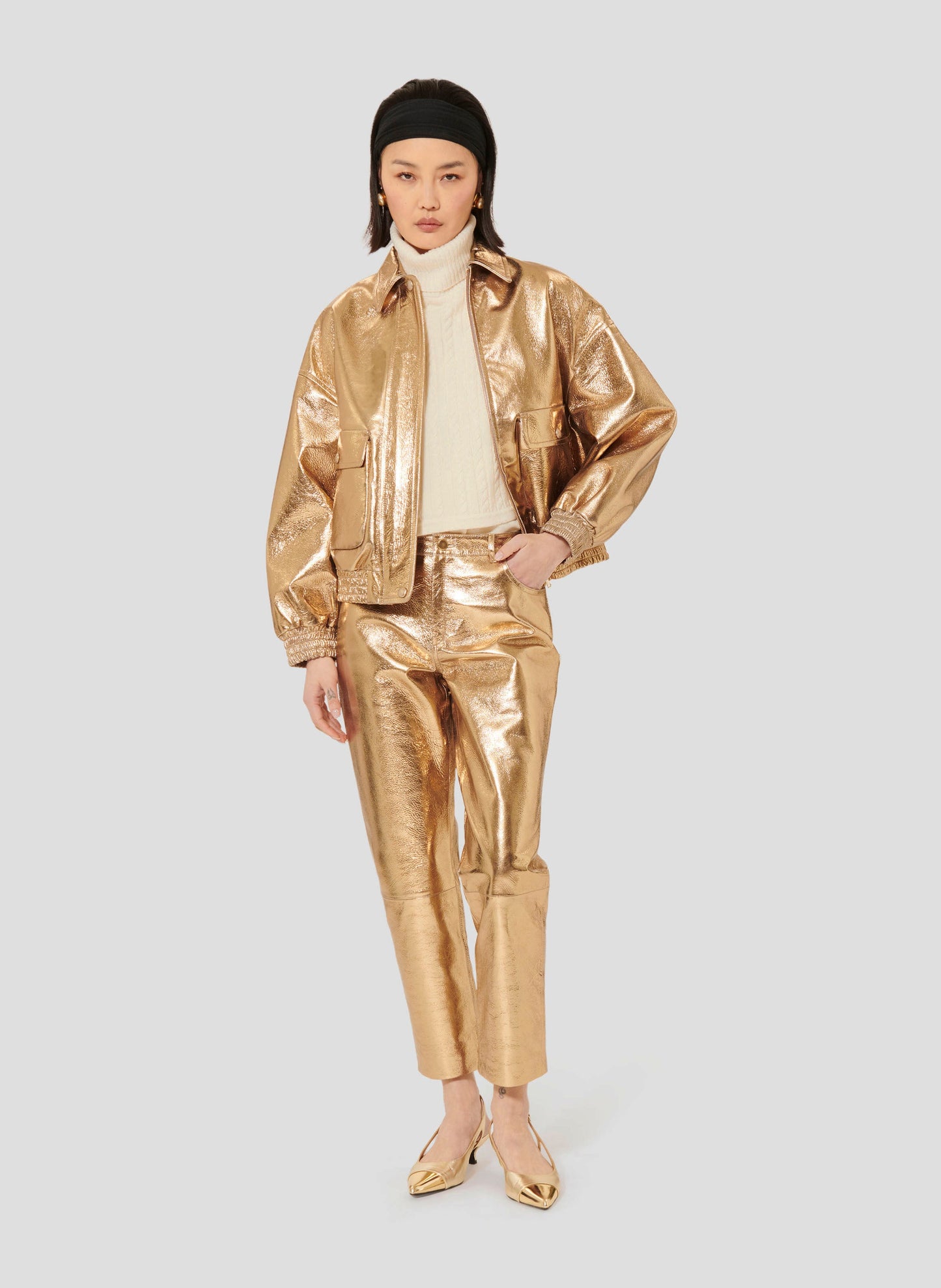 Versatile Leather Pants with Italian Pockets and Patch Pockets Matching with Bibba Golden Leather Jacket.