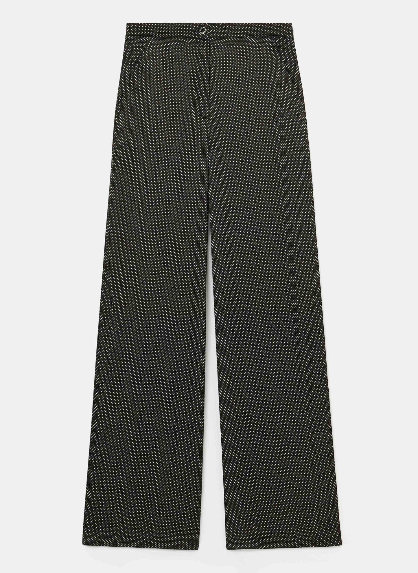 Black pants with white polka dots.