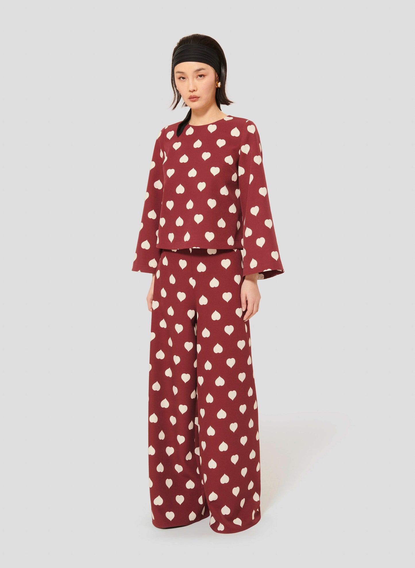 Burgundy Wide-Leg Pants with Heart Print and Invisible Zip matching with a Heart Print Top.