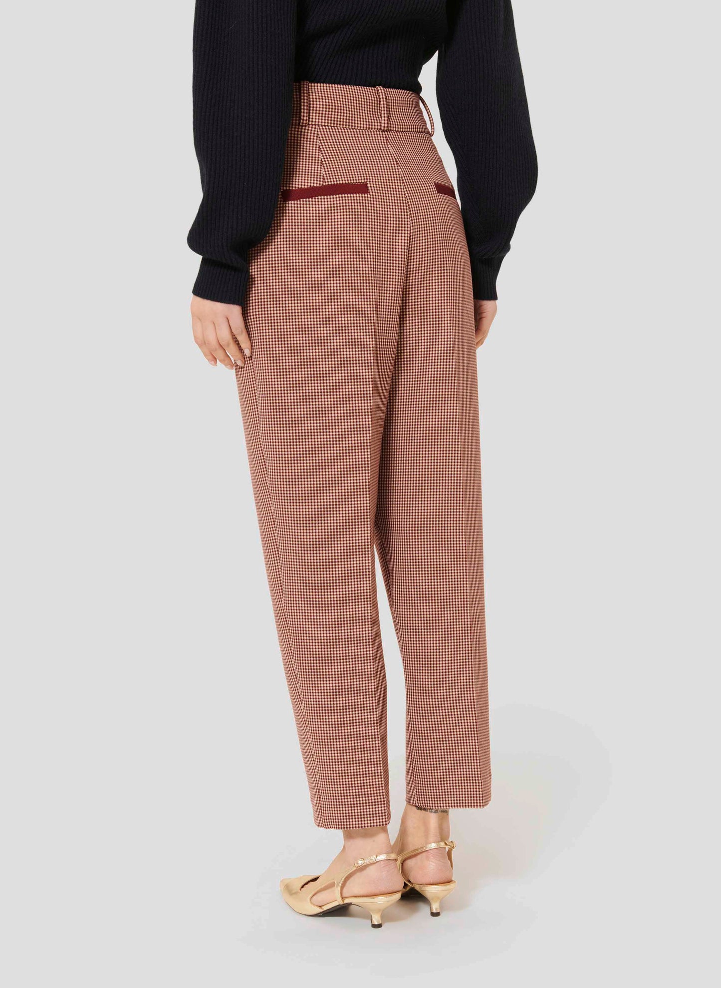 Versatile Burgundy Pants with Flea-foot Print Pleated Front and Welt Pockets.