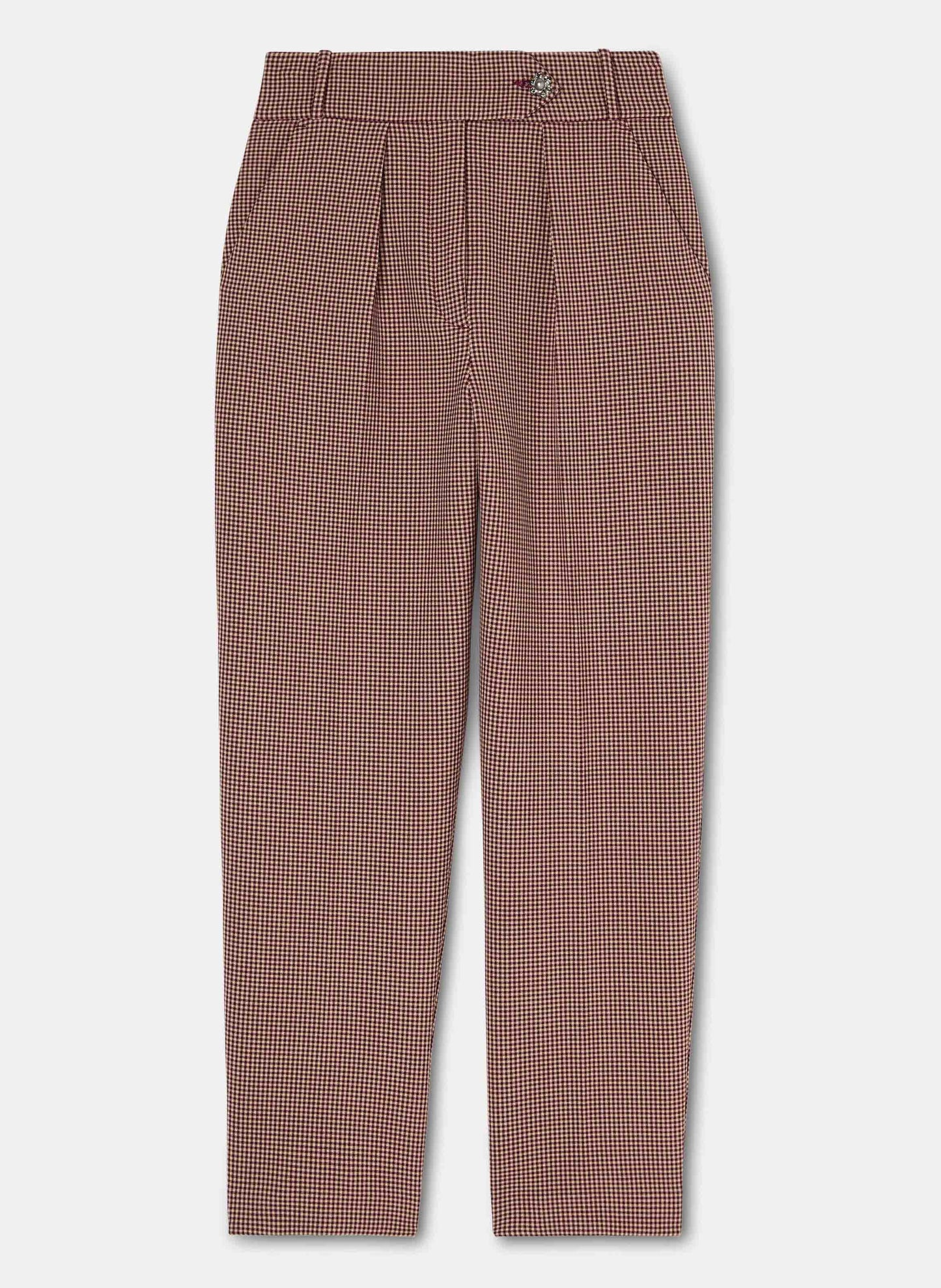 Burgundy flea-foot print pants with two side pockets and welt pockets on the back.