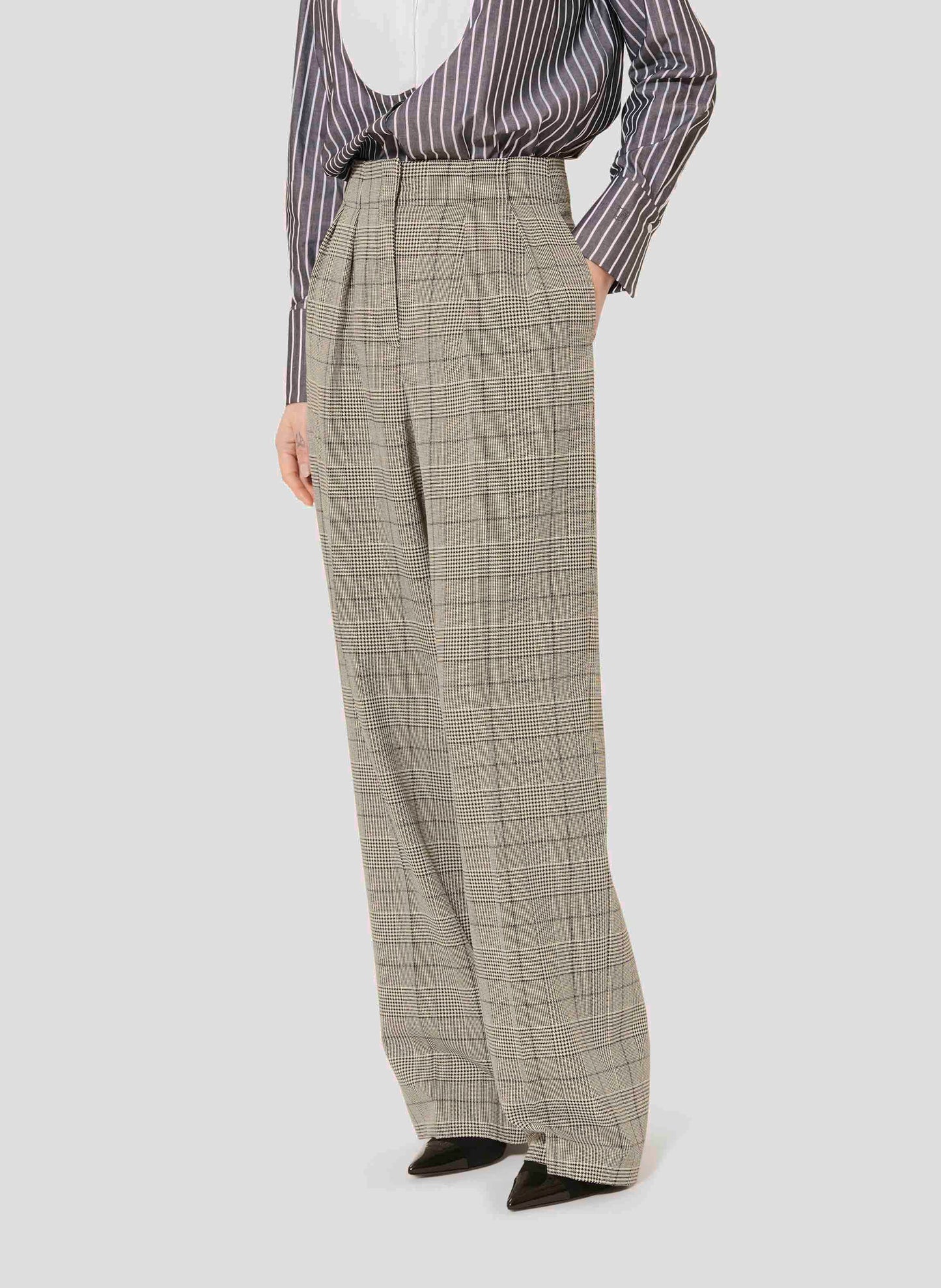 Long grey plaid pants with two side pockets.
