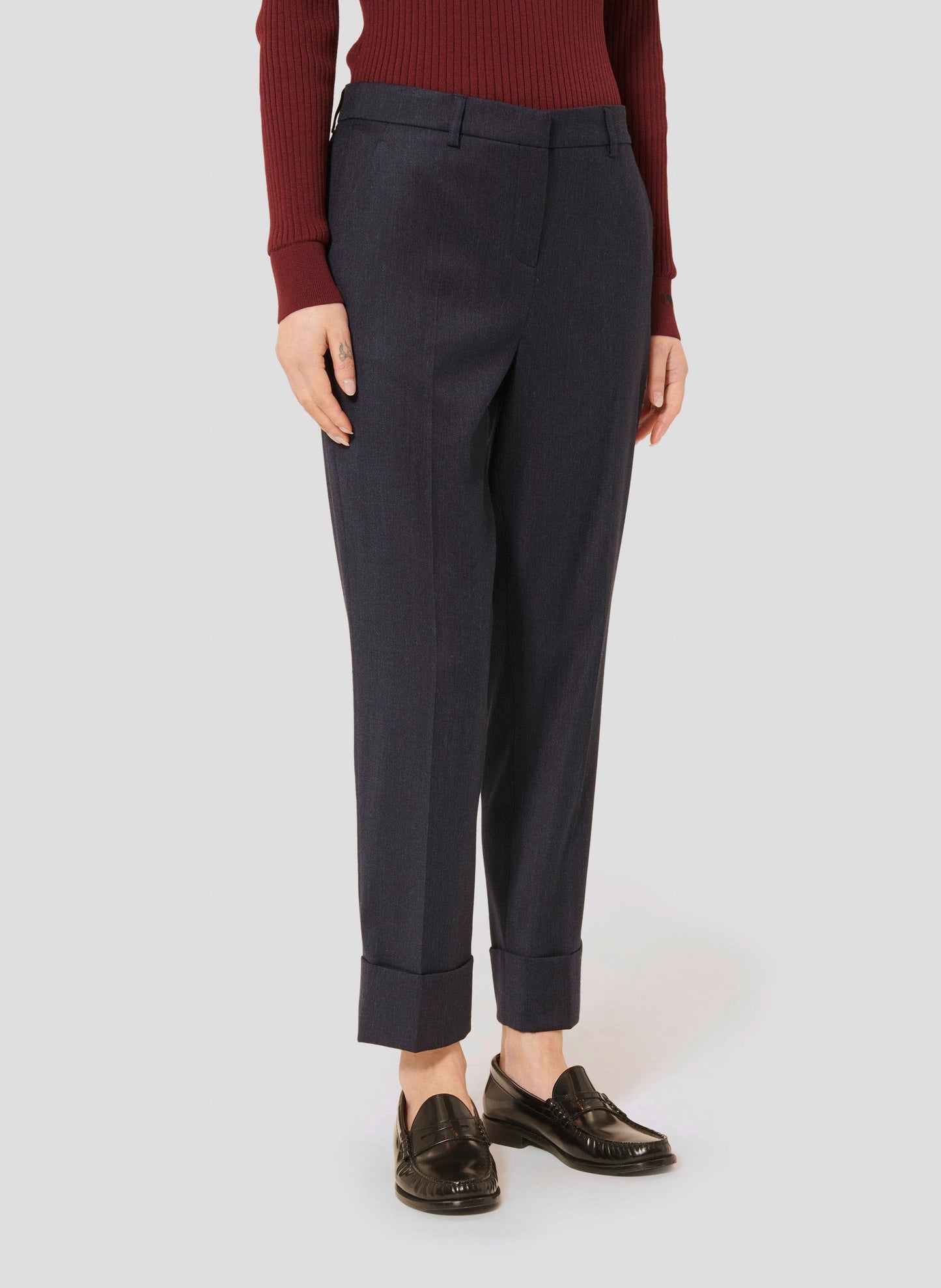 Midnight Blue Flannel Pants with Wide Lapel and Pleated Front.