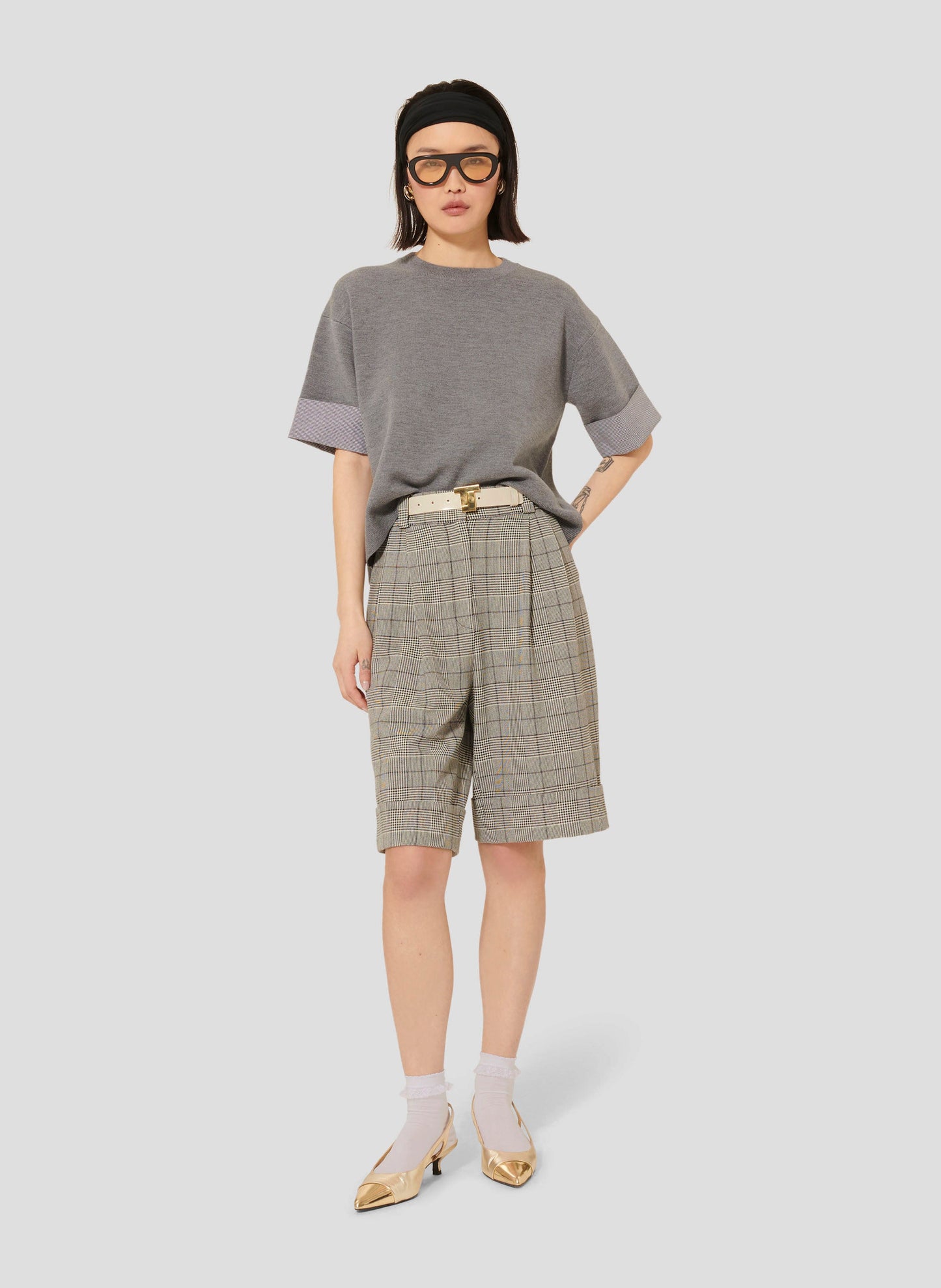 Grey Crewneck Sweater with Rolled Sleeves and Gingham Detail.