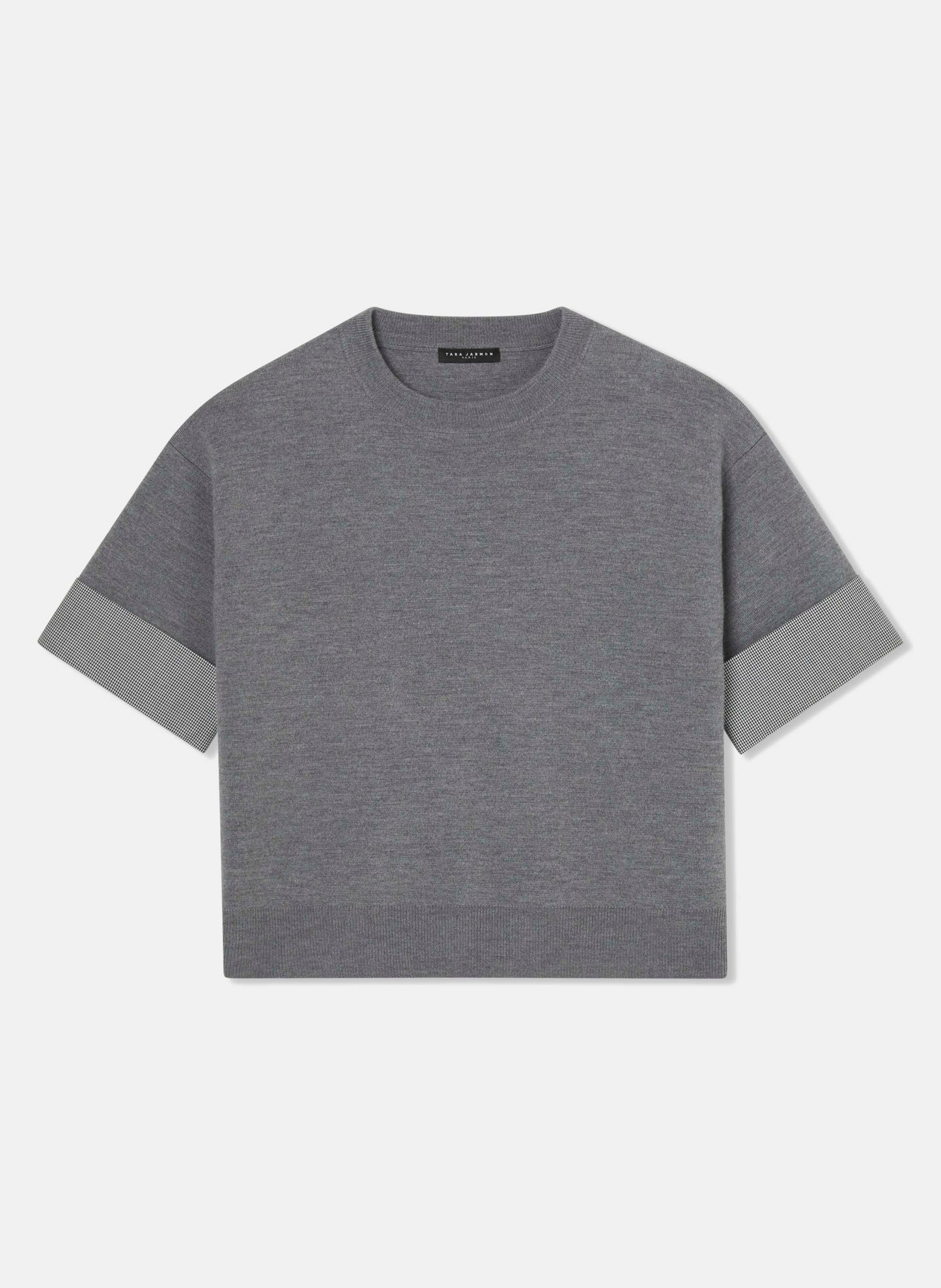 Women's Grey Cropped Sweater with Gingham Trim and Rolled Sleeves.