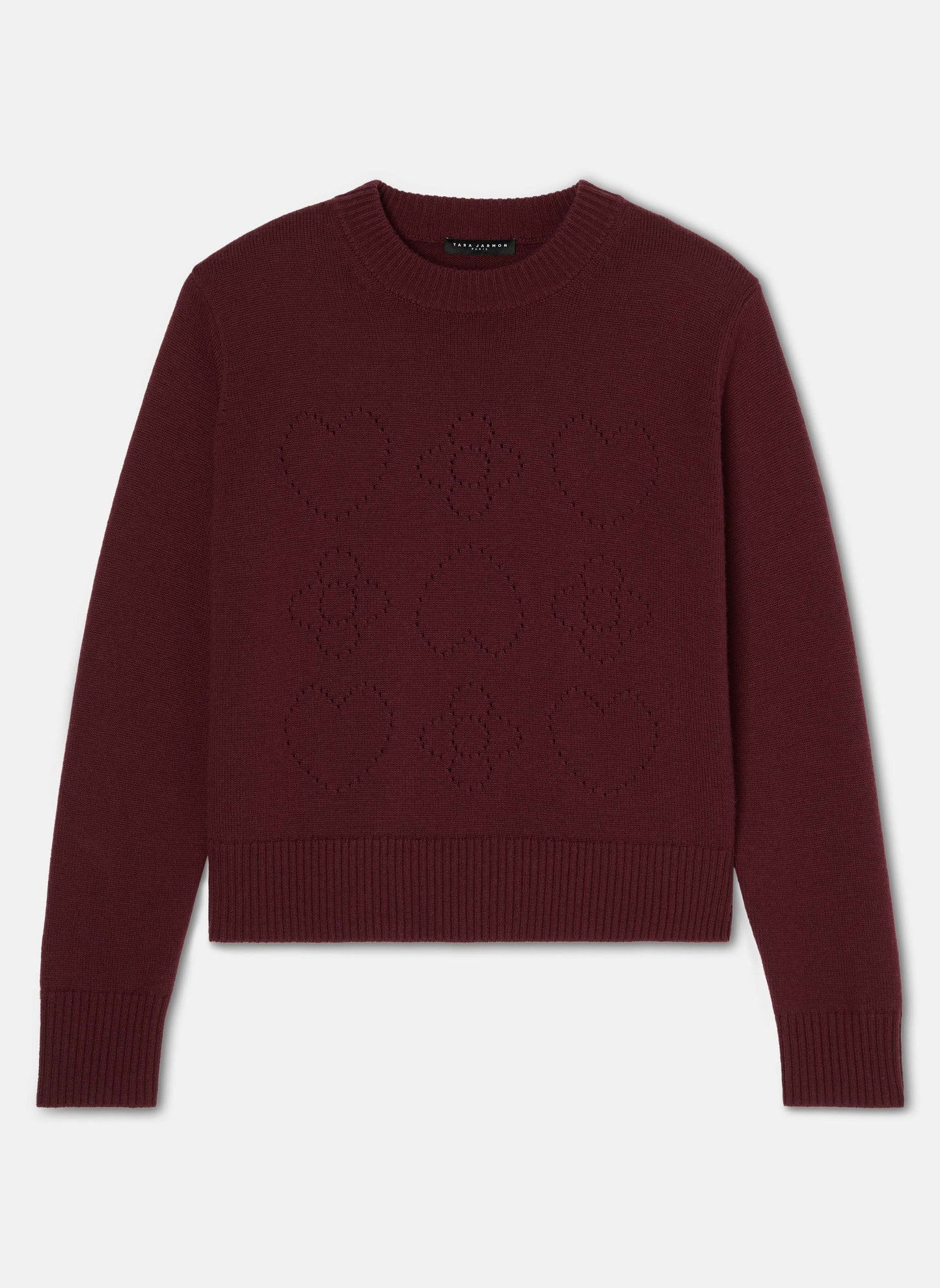 Stylish Burgundy Sweater with Embroidered Hearts and Ribbed Detail.