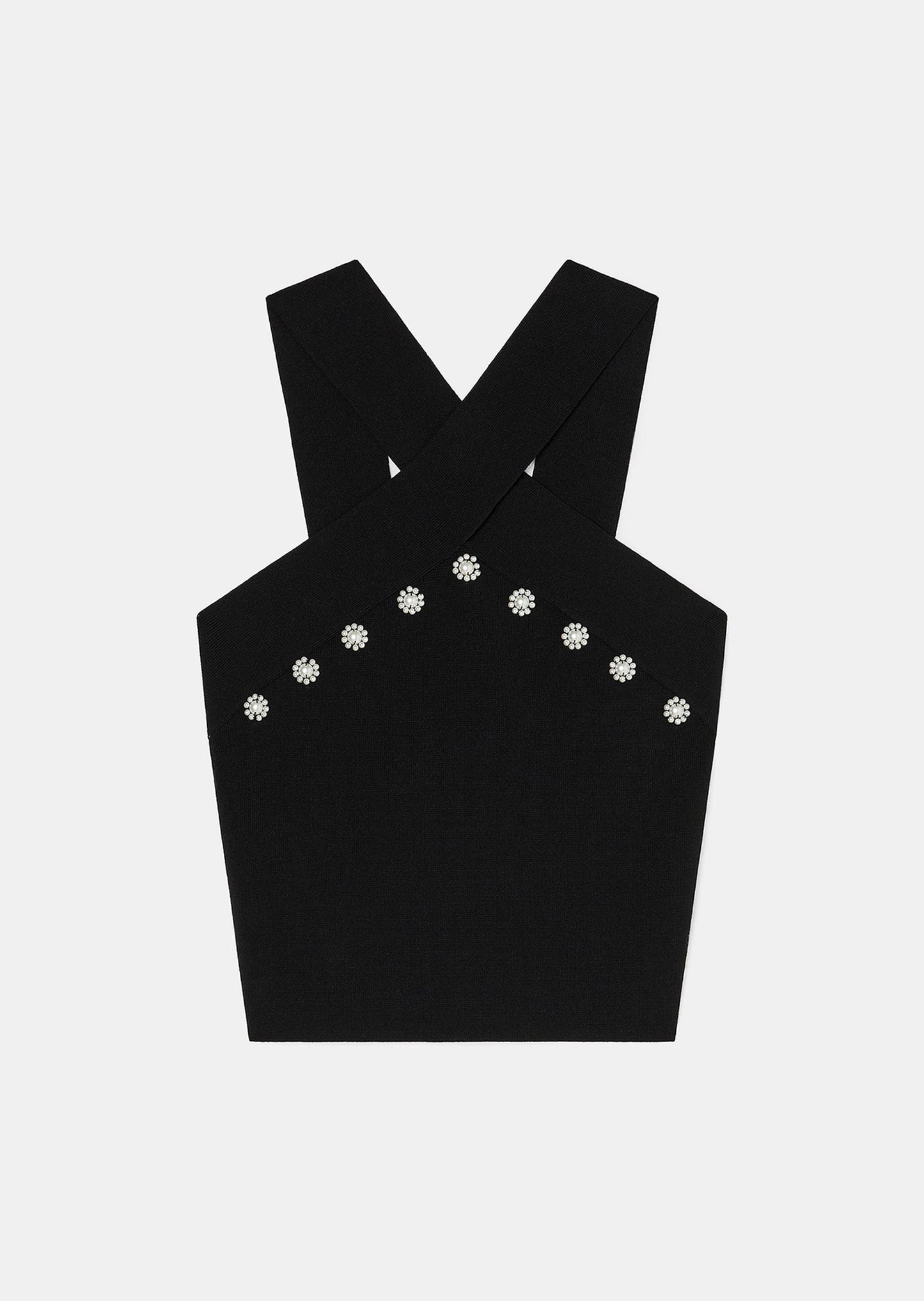 Modern Black Crop Top with Pearl Embellishments.