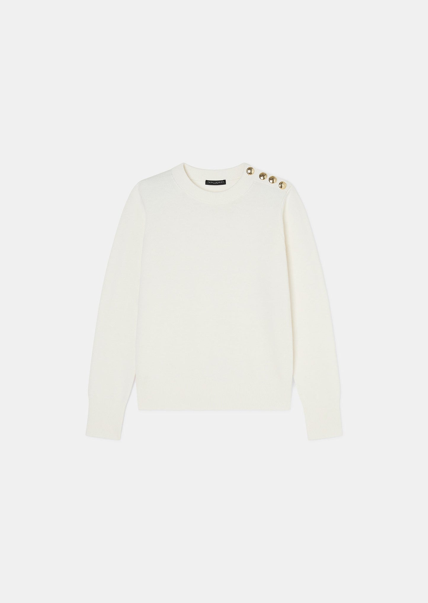 Women's Ecru Soft Wool Crewneck Sweater with Gold Buttons and Gingham Cuffs.