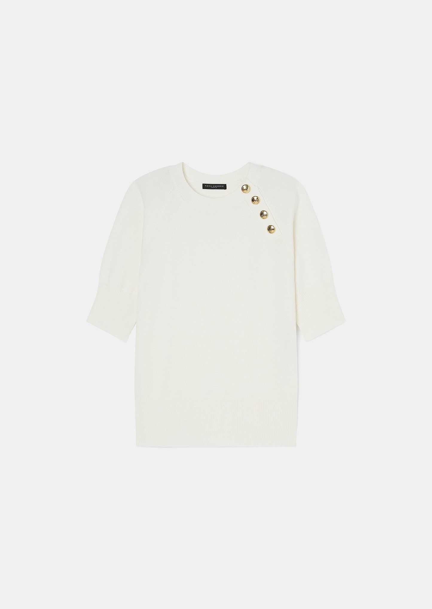 Women's Soft Wool Sweater with Round Collar, Short Sleeves, and Gold Buttons.