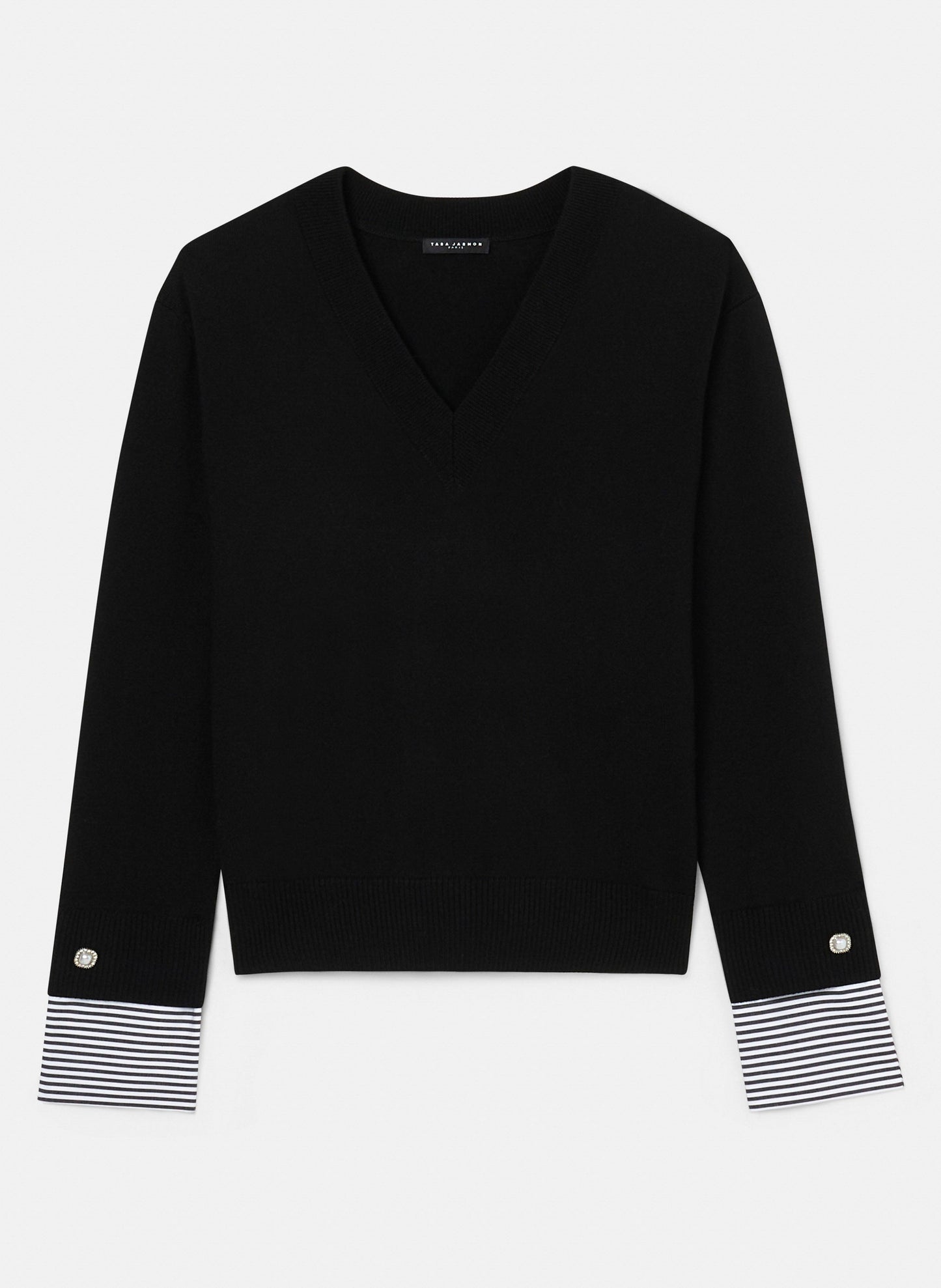 Black Merino Wool Sweater with V-Neck and Contrasting Cuffs.