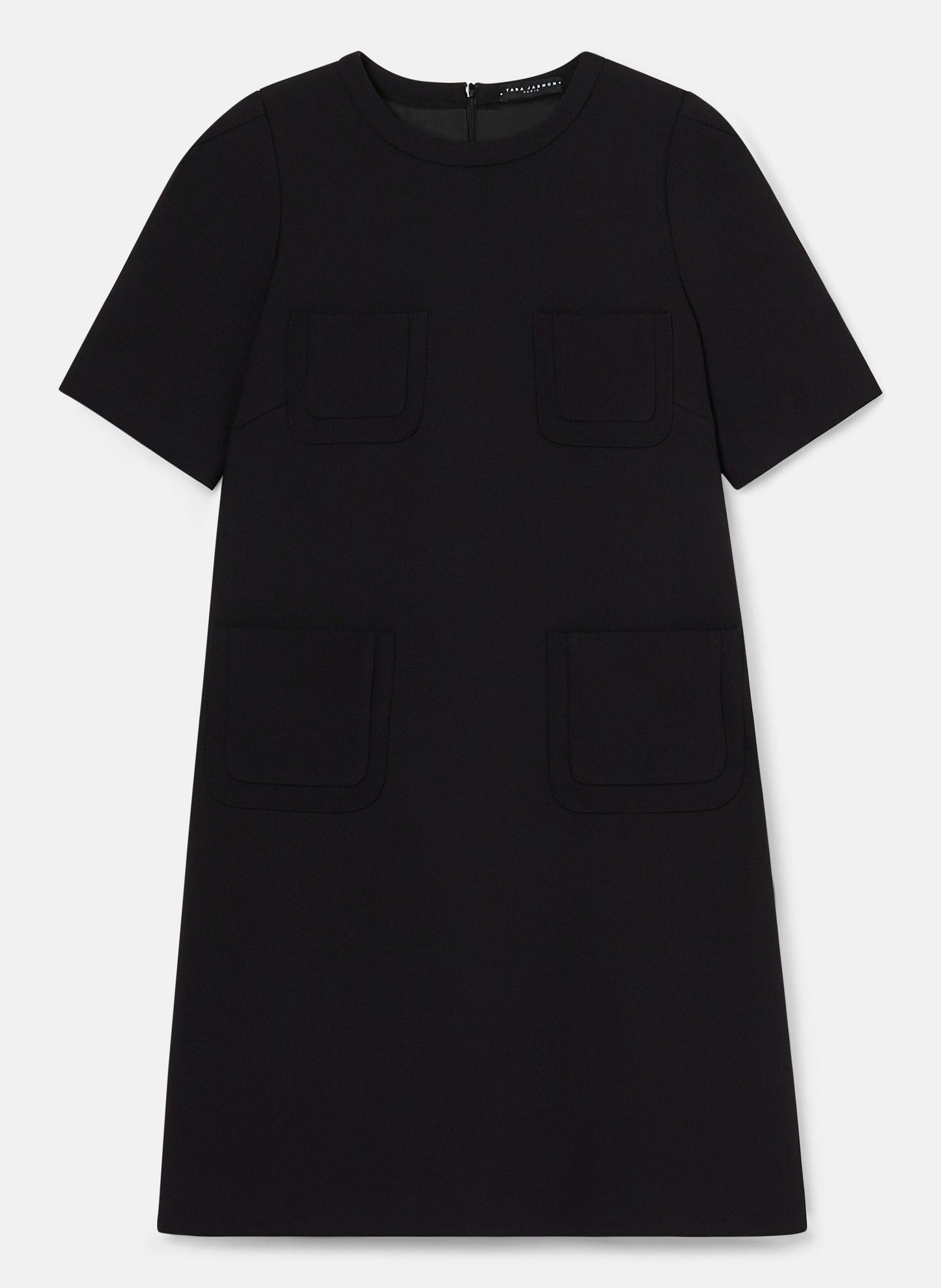 Black short dress with patch pockets and round neckline.