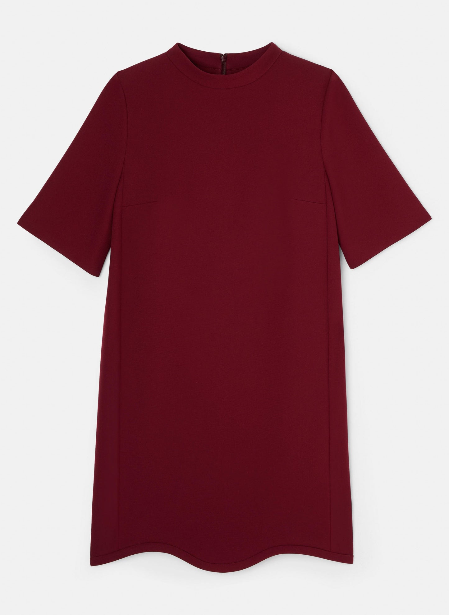 Round collar short burgundy dress with short sleeves.