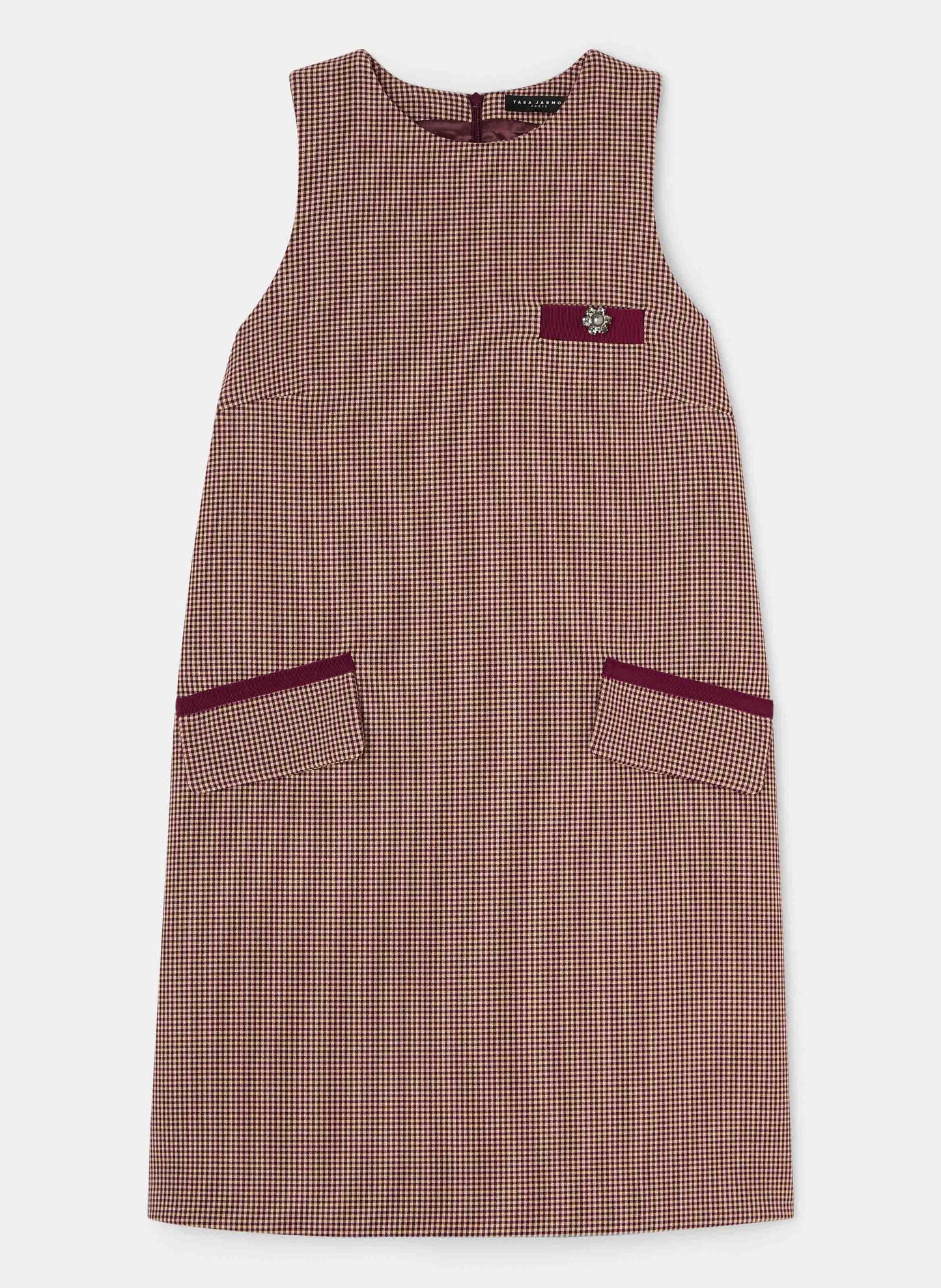 Short Burgundy Dress with Houndstooth Print and Jewel Accents.