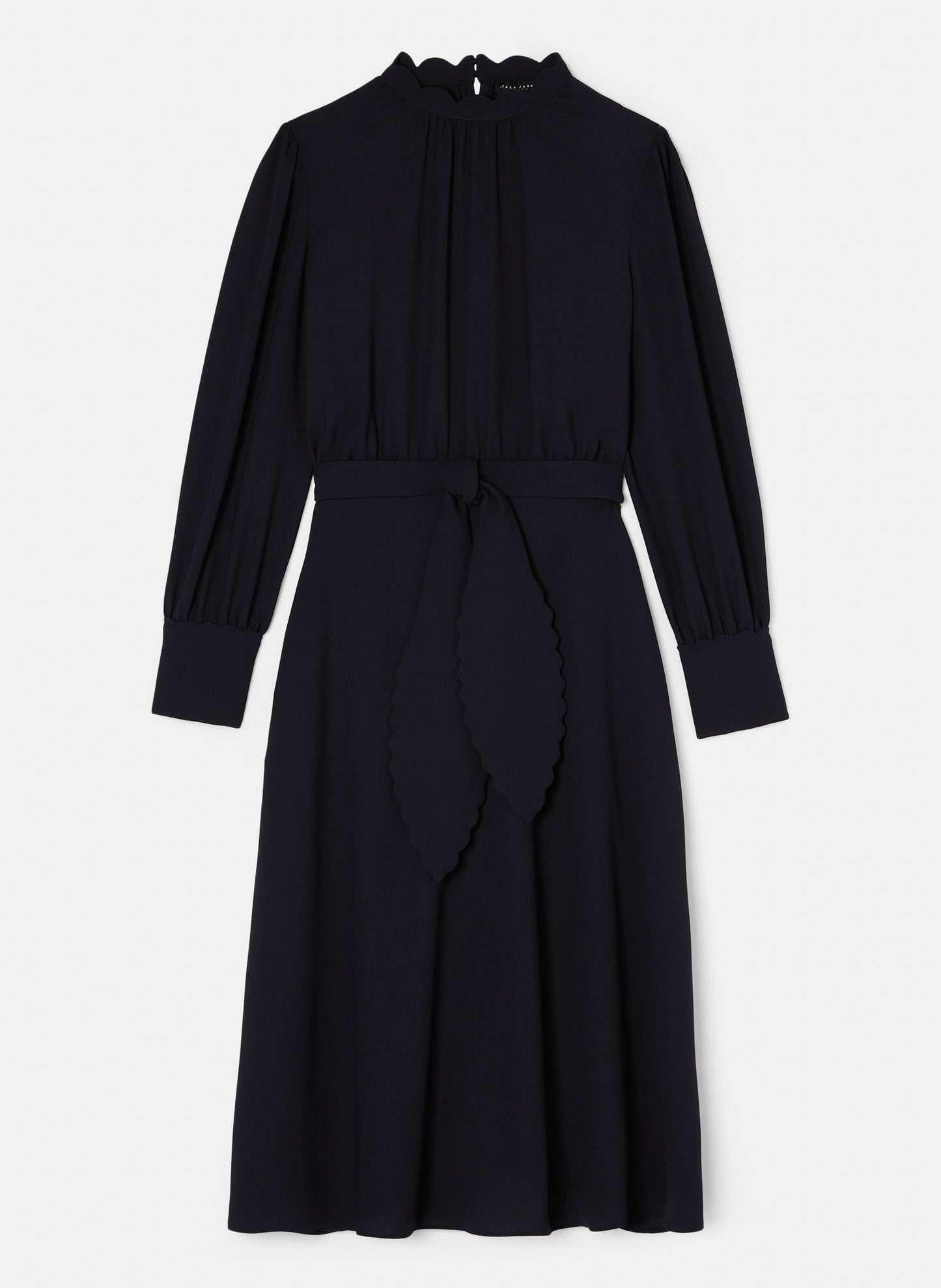 Versatile Midnight Blue Dress with Scalloped Round Neckline and Removable Tone-on-tone Scalloped Belt.