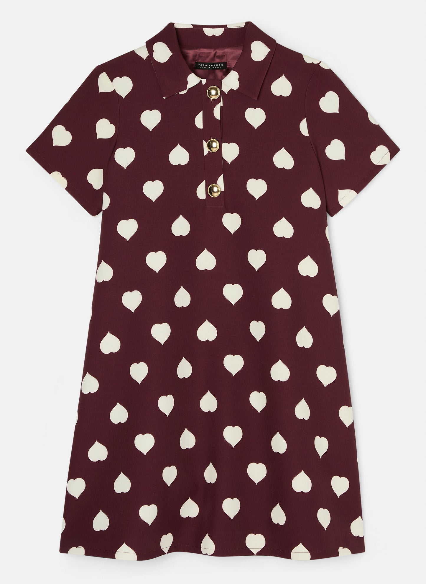 Stylish Burgundy Short Dress with Button-Front Closure and Heart Detail.