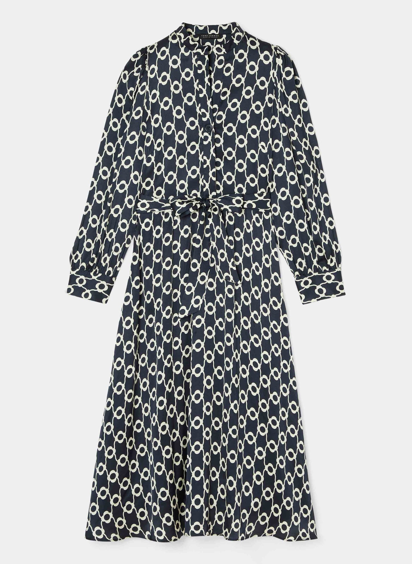 Versatile Midnight Blue Dress with Floral Print and Button-Front Closure.