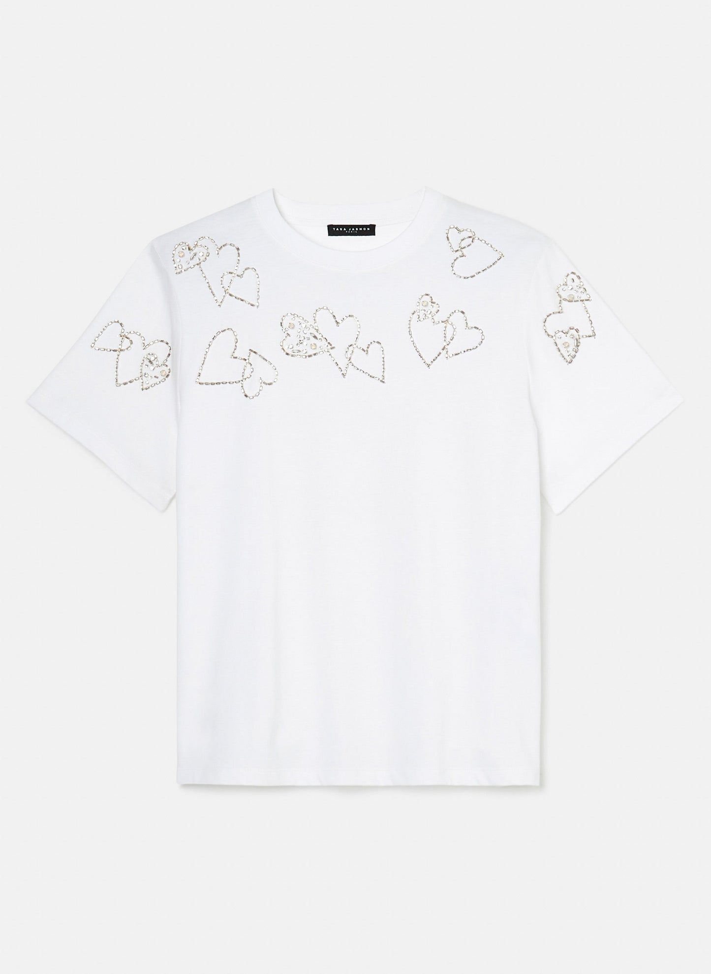 Women's White Cotton Top with Heart-Shaped Rhinestones.