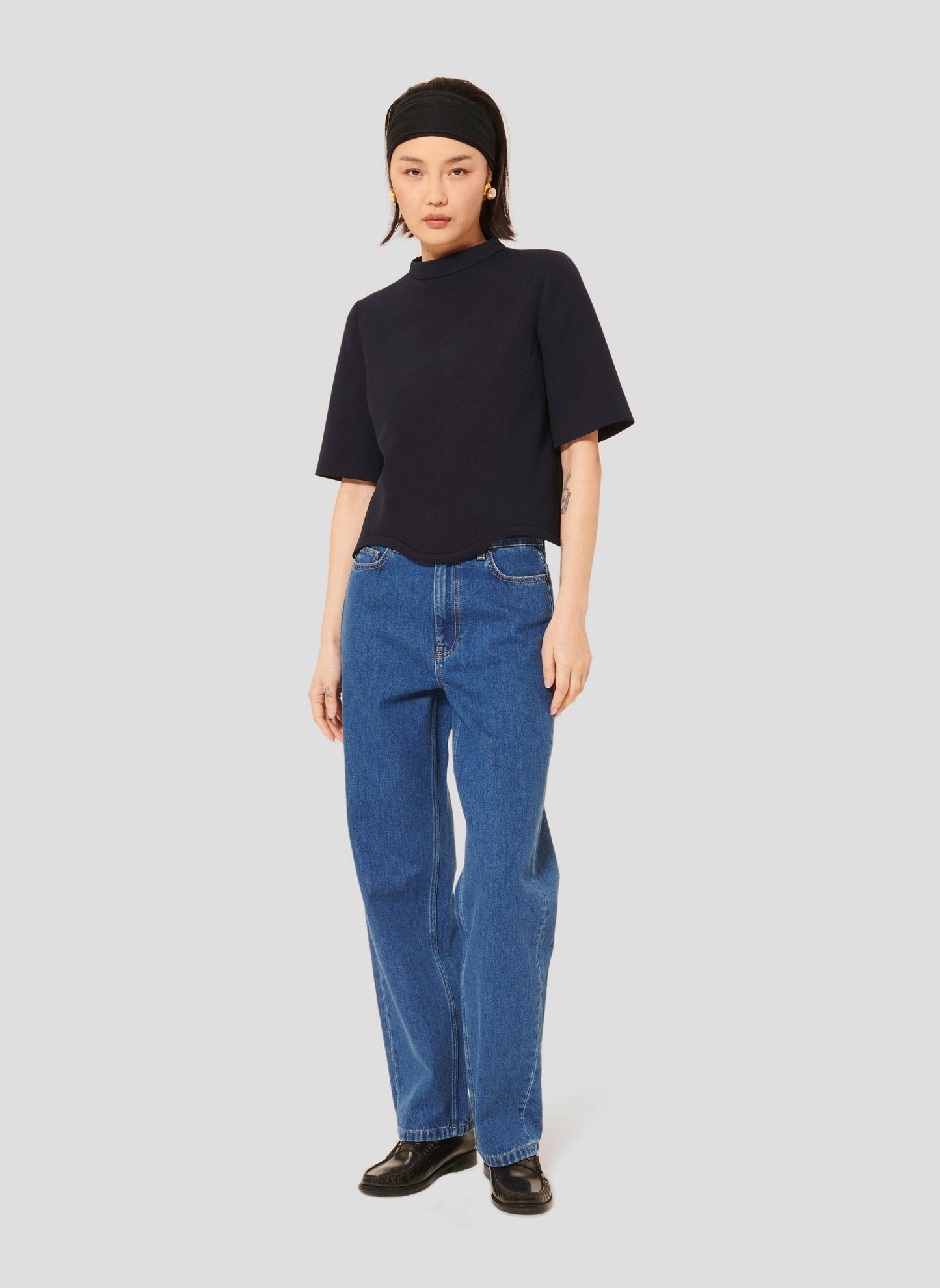 Midnight Blue Scalloped Top with Short Sleeves.
