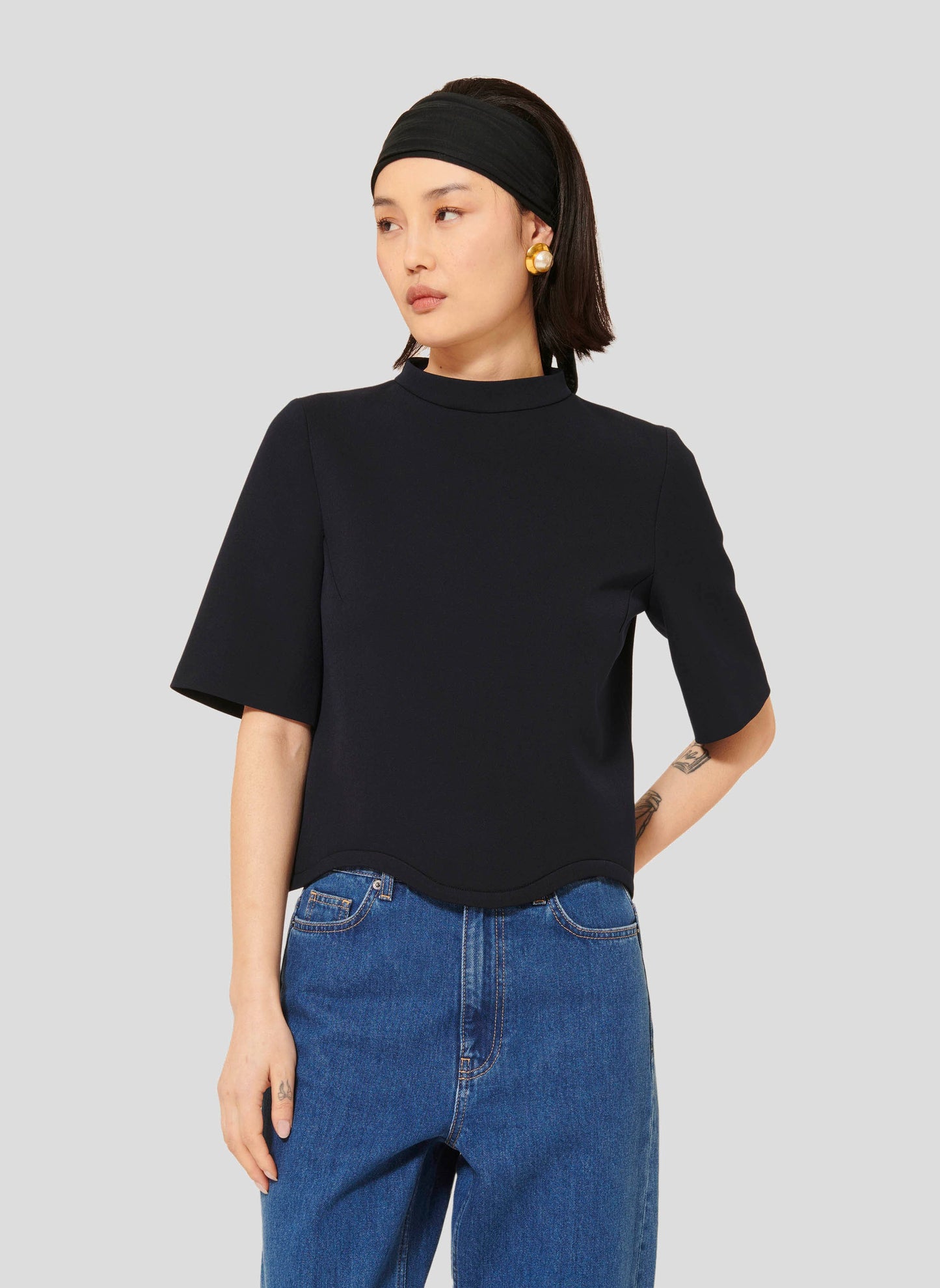 Versatile Dark Blue Top with Scalloped Detail and Invisible Zip.