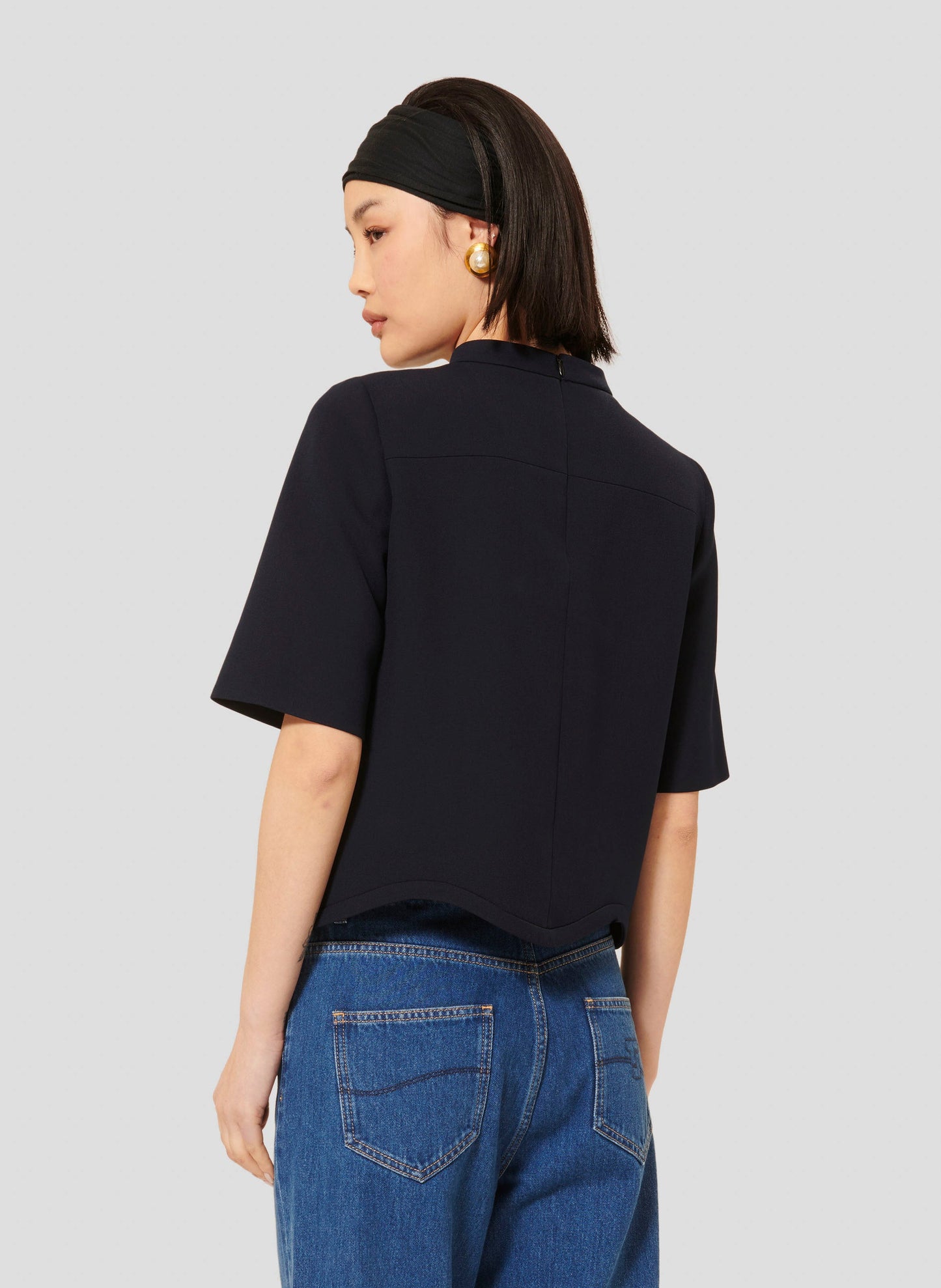 Preppy Midnight Blue Top with Scalloped Hem and Round Neckline.