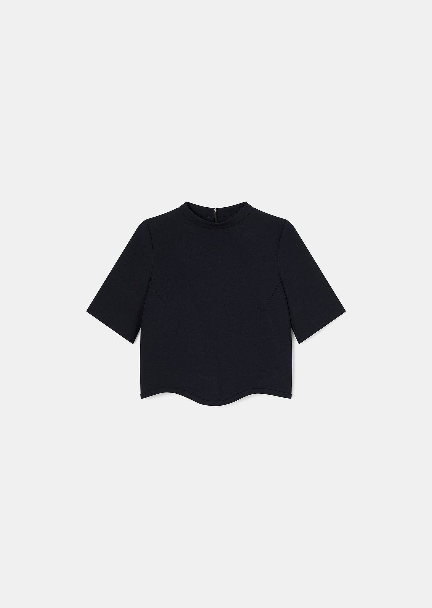 Short sleeves, round neckline, midnight blue top.