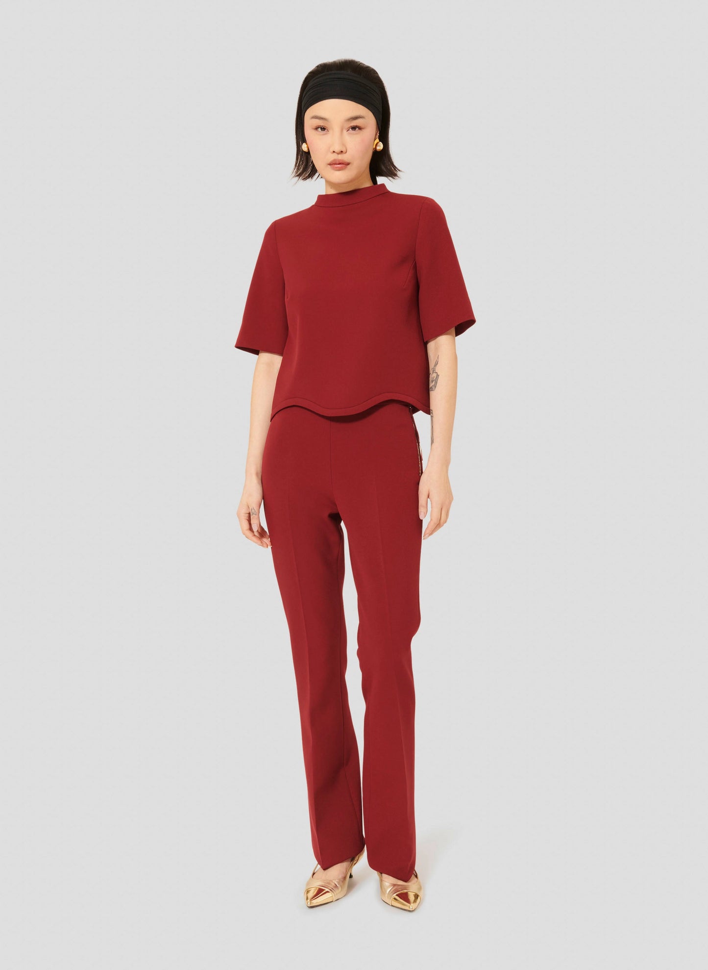 Burgundy Scalloped Top with Short Sleeves.