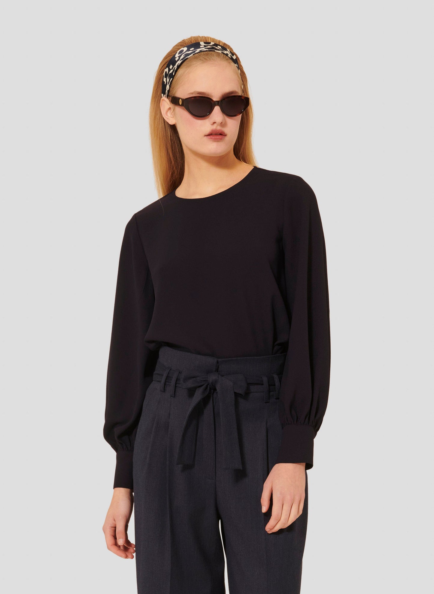 Midnight Blue Crepe Top with Long Sleeves and Buttoned Cuffs.