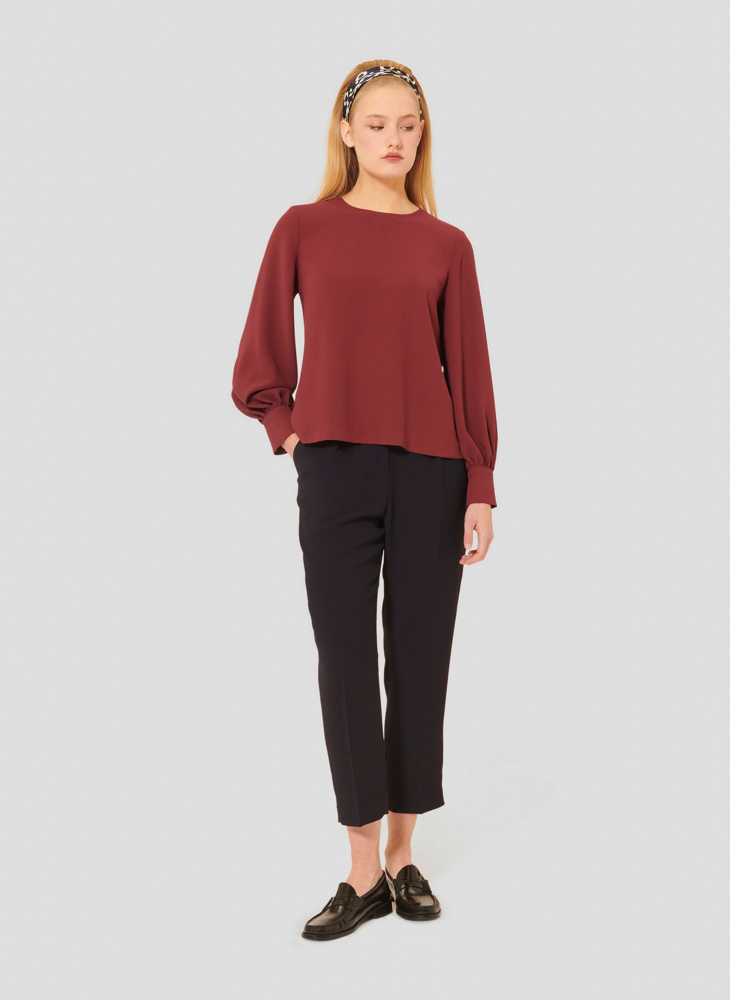 Stylish Long Sleeves Top in Burgundy with Relaxed Fit.