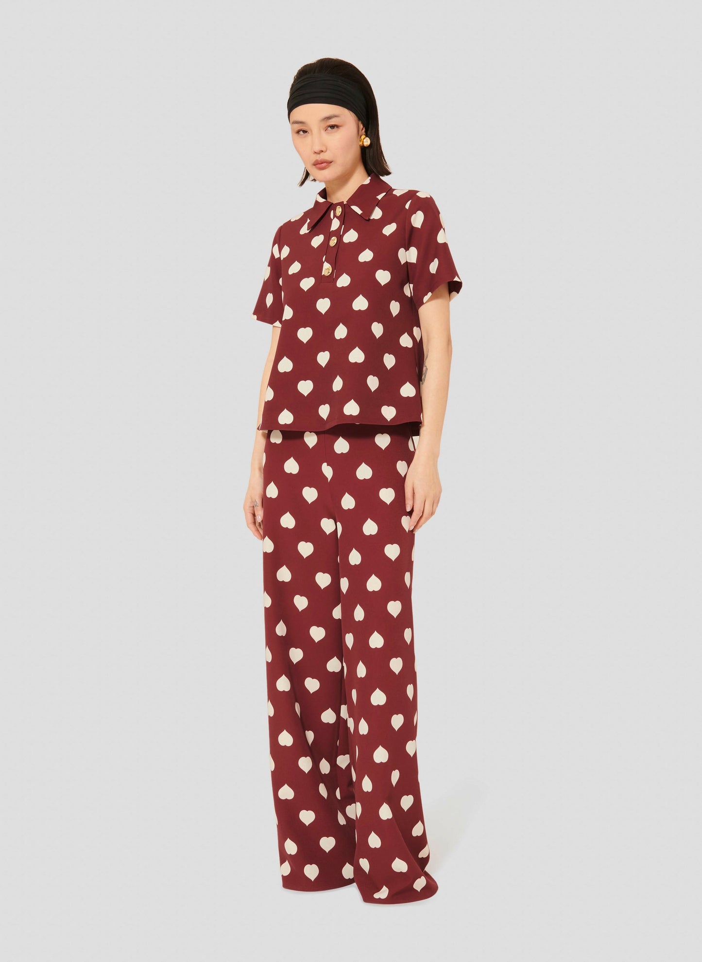 Burgundy Top with Heart Print and Shirt Collar Matching with Flowing Burgundy Pants.