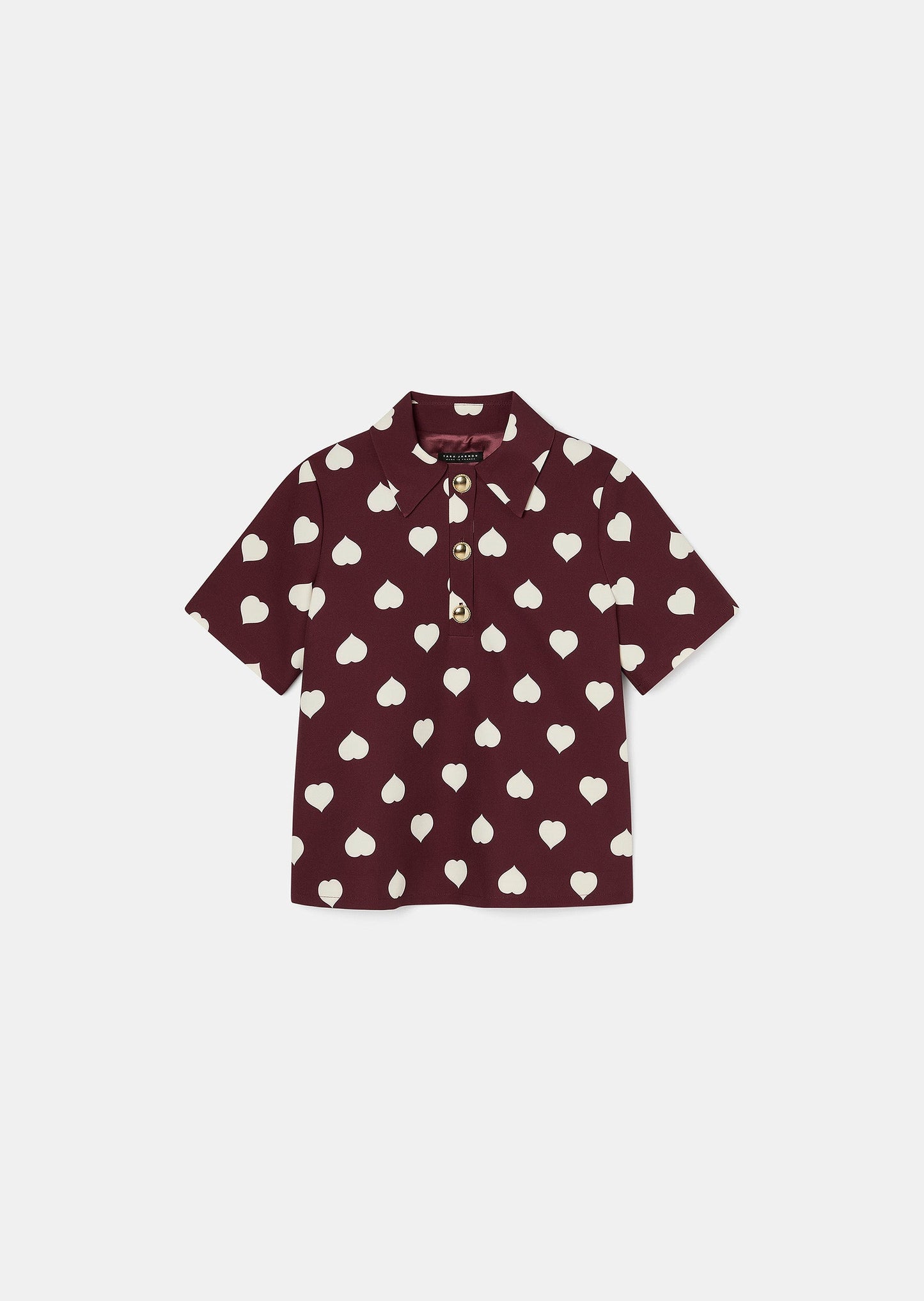 Burgundy Top with Short Sleeves and Button-Front Closure.