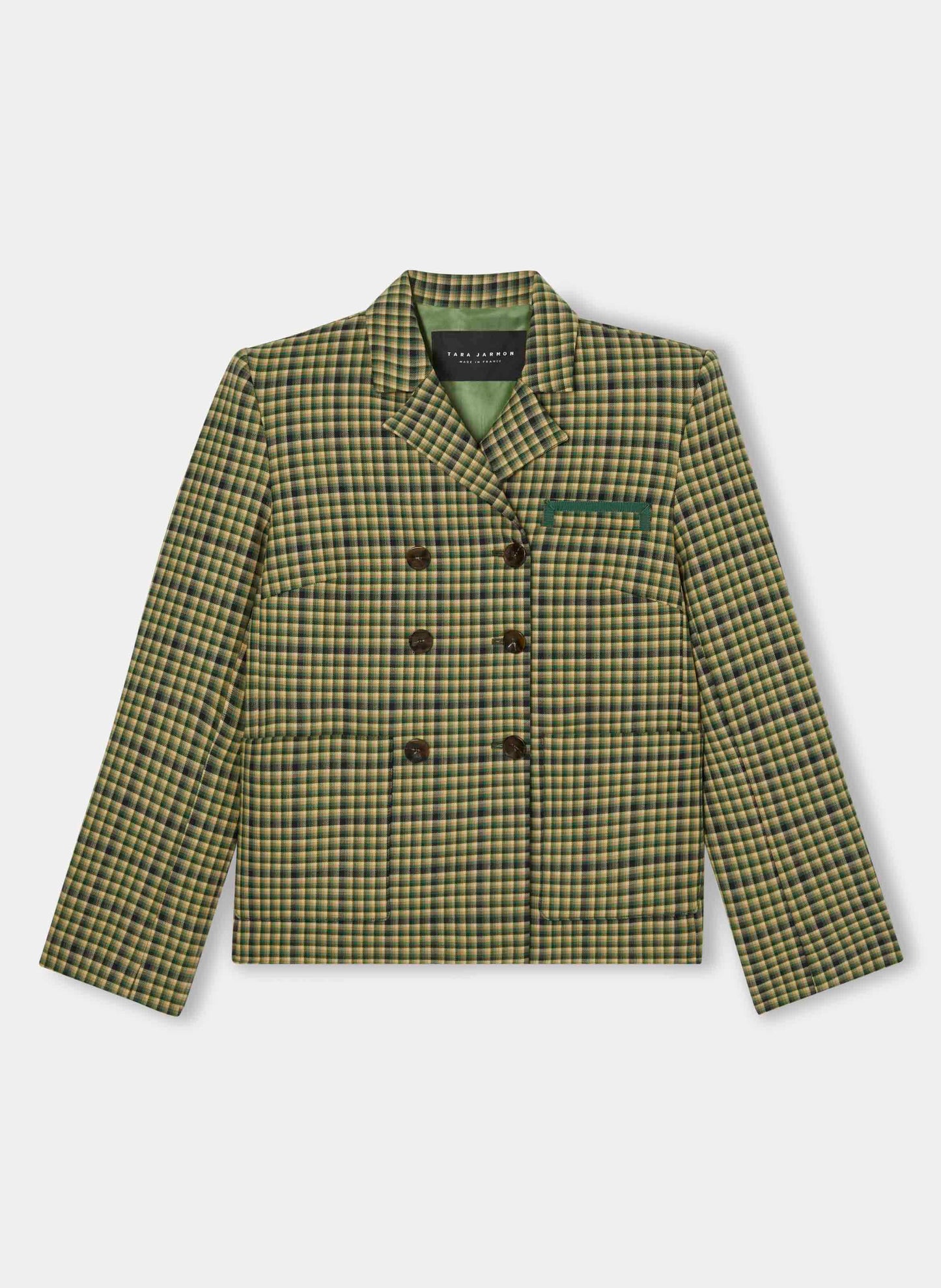 Green tartan suit jacket with triple-breasted front closure.