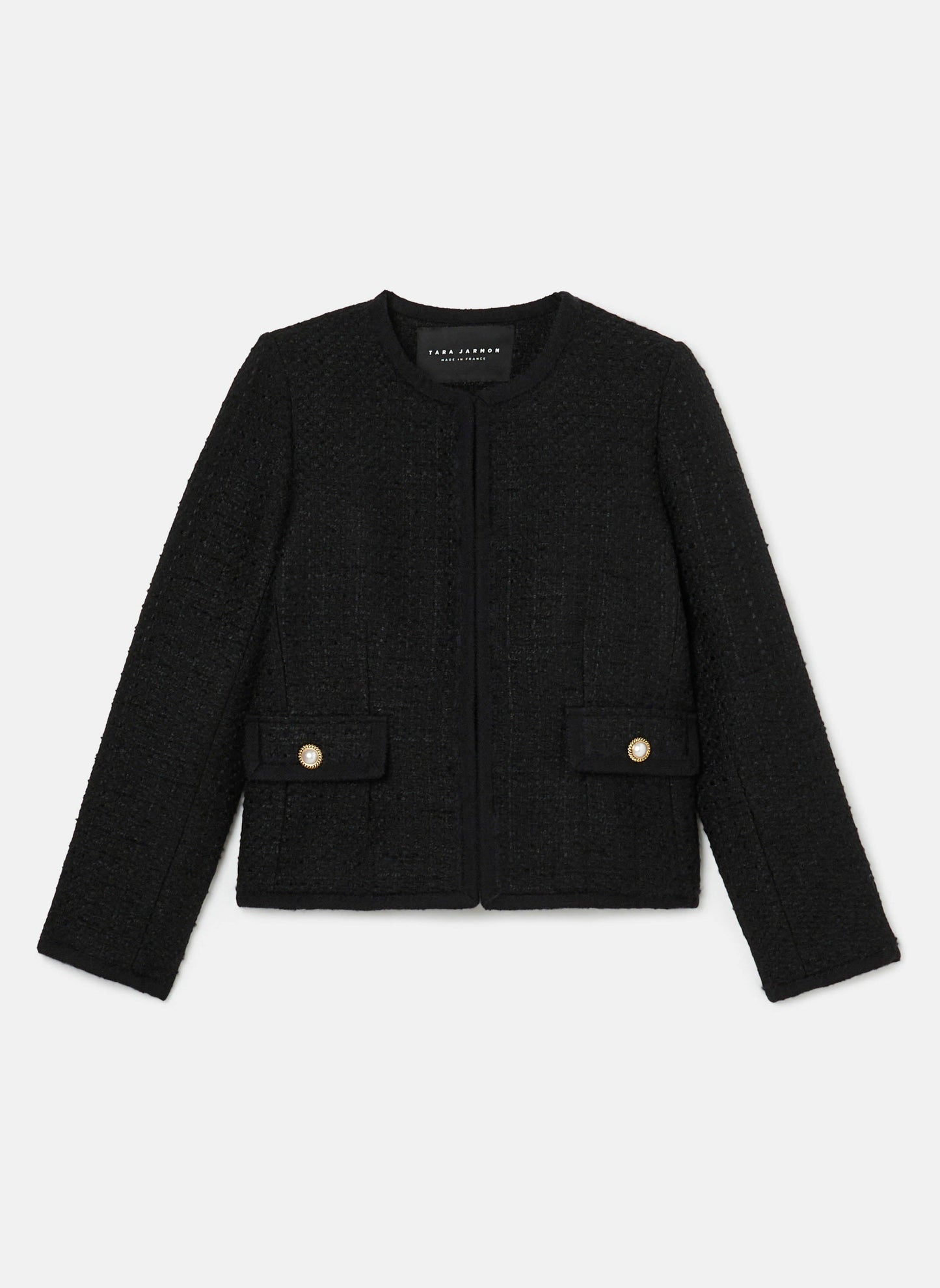 Elegant Tweed Blazer Featuring a Round Neckline and Flap Pockets.