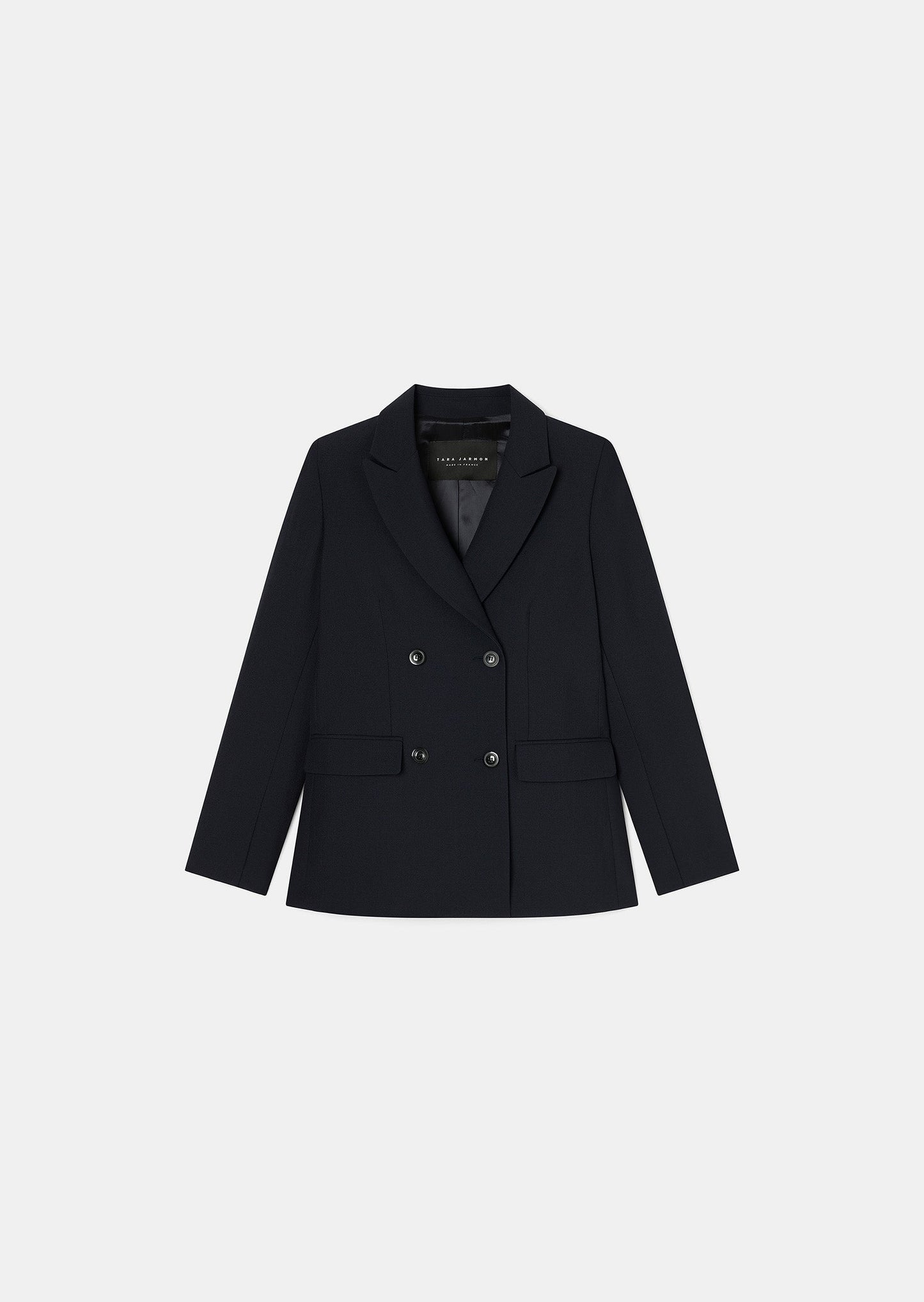 Classic Dark Blue Anthracite Flannel Suit Jacket with Double-Breasted Front and Buttoned Cuffs.