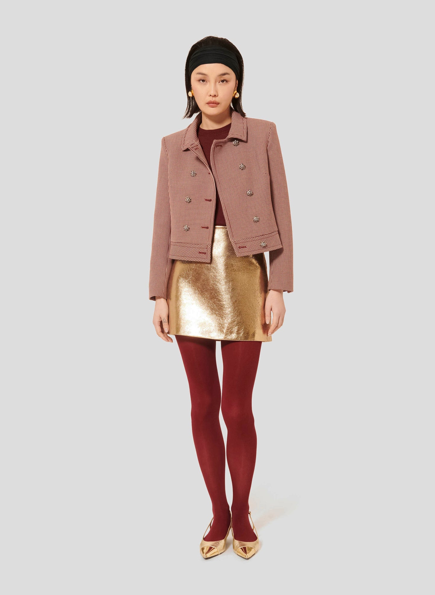Modern Burgundy Jacket with Minimalist Design and Jewel Buttons.