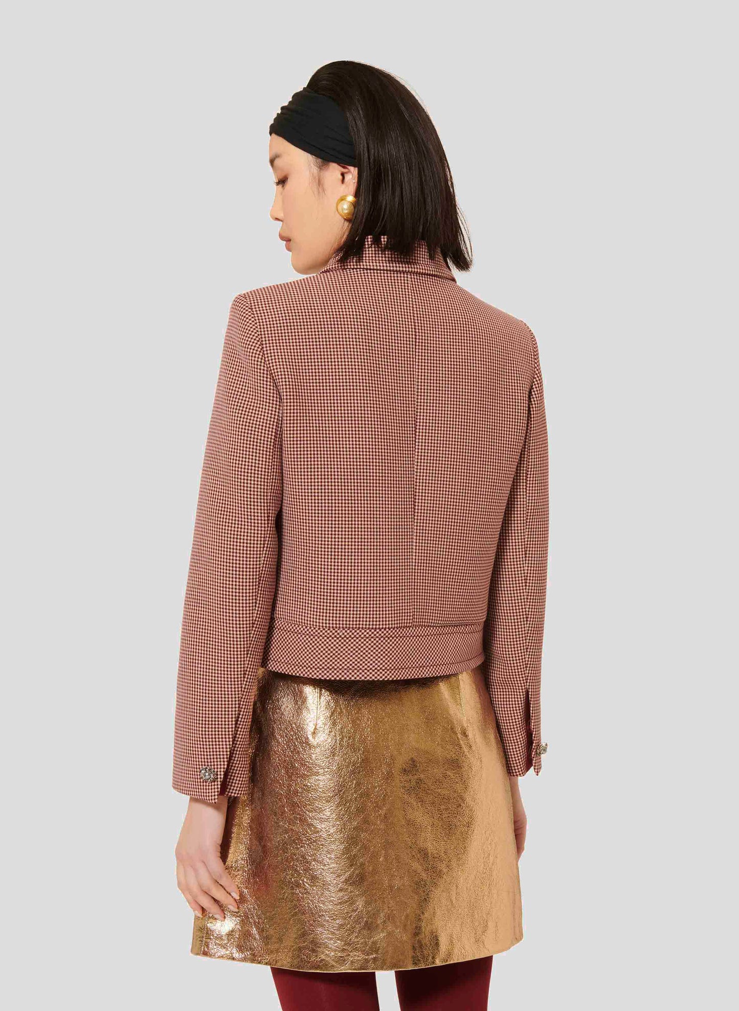 Stylish Burgundy Jacket with Jewel Accents and Shoulder Pads.