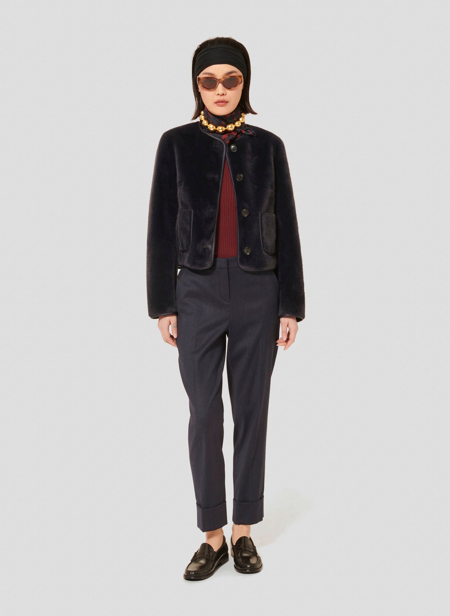 Versatile Midnight Blue Faux Fur Jacket with Short Length and Classic Style.