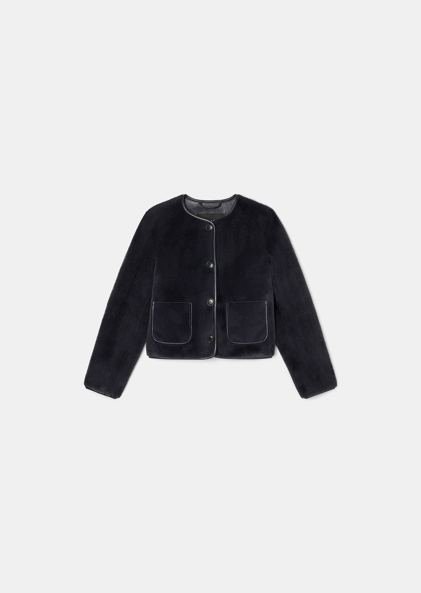 Luxurious Midnight Blue Faux Fur Jacket with Soft Texture and Button Front.
