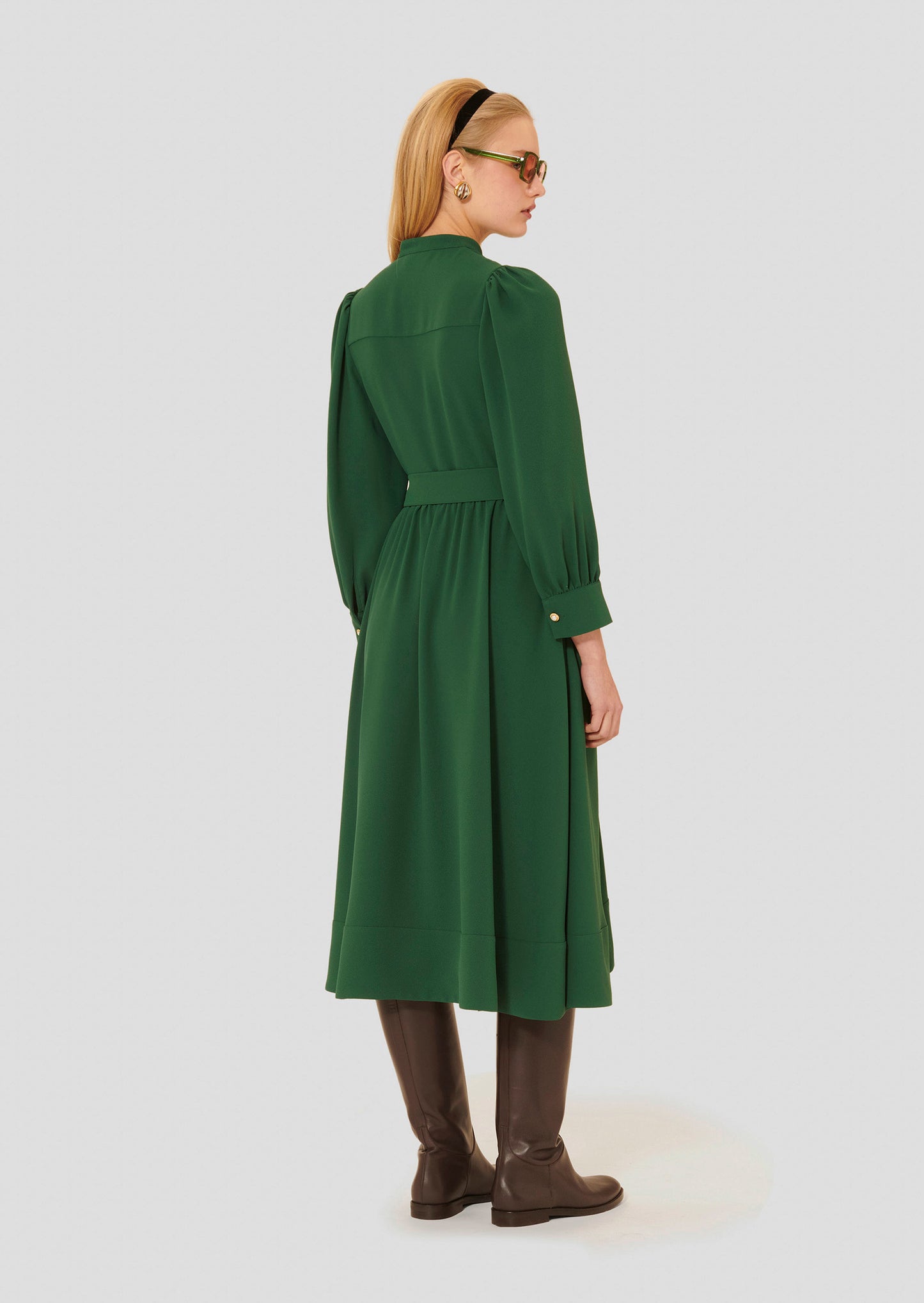 Elegant Green Dress with V-Neck and adjustable tone-on-tone belt.