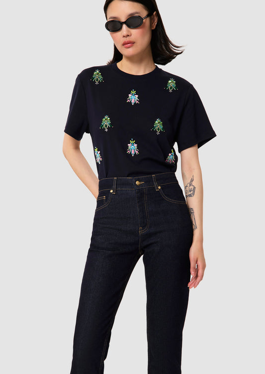 Tarabee midnight blue jersey T-shirt with pearl detail