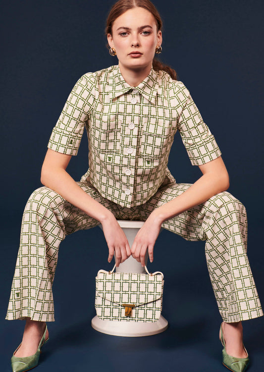 Cameron Ecru With Green Graphic Design Poplin Shirt