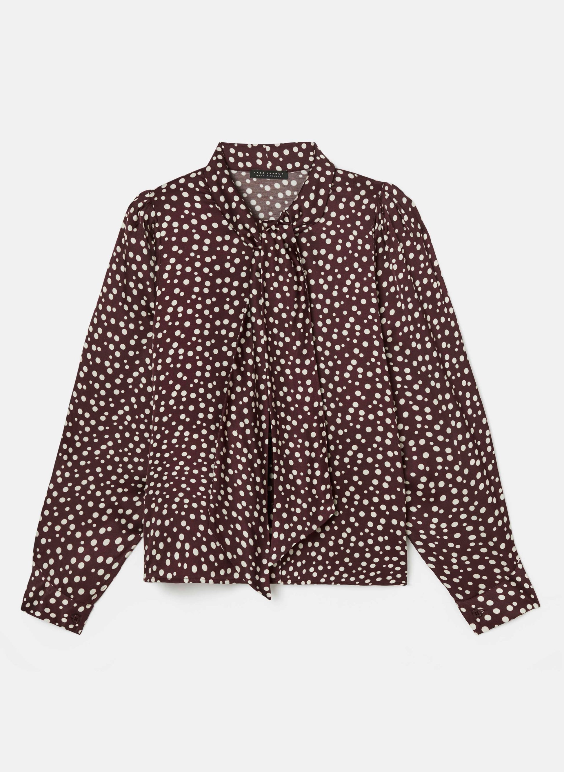 Chocolate brown long sleeves shirt with white polka dots and lavaliere collar.