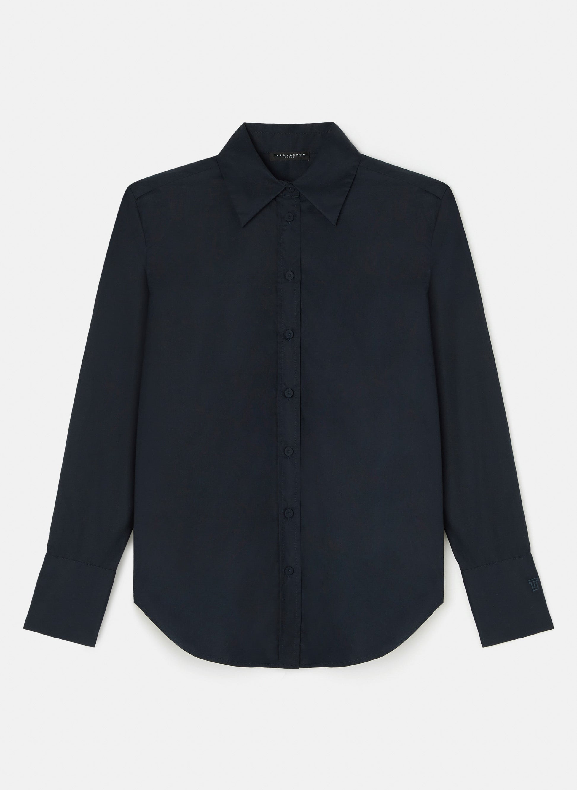 Women's navy cotton poplin long sleeves shirt with buttoned cuffs. 